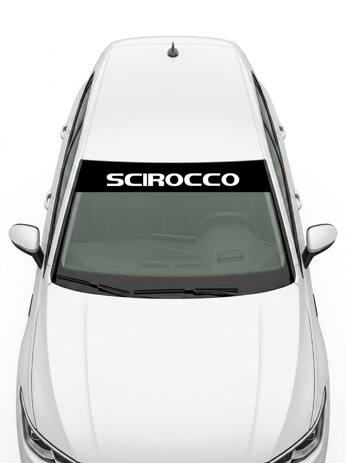 Volkswagen - Nombre Scirocco negro con el lettering SCIROCCO en blanco a todo lo ancho instalado en el parabrisas