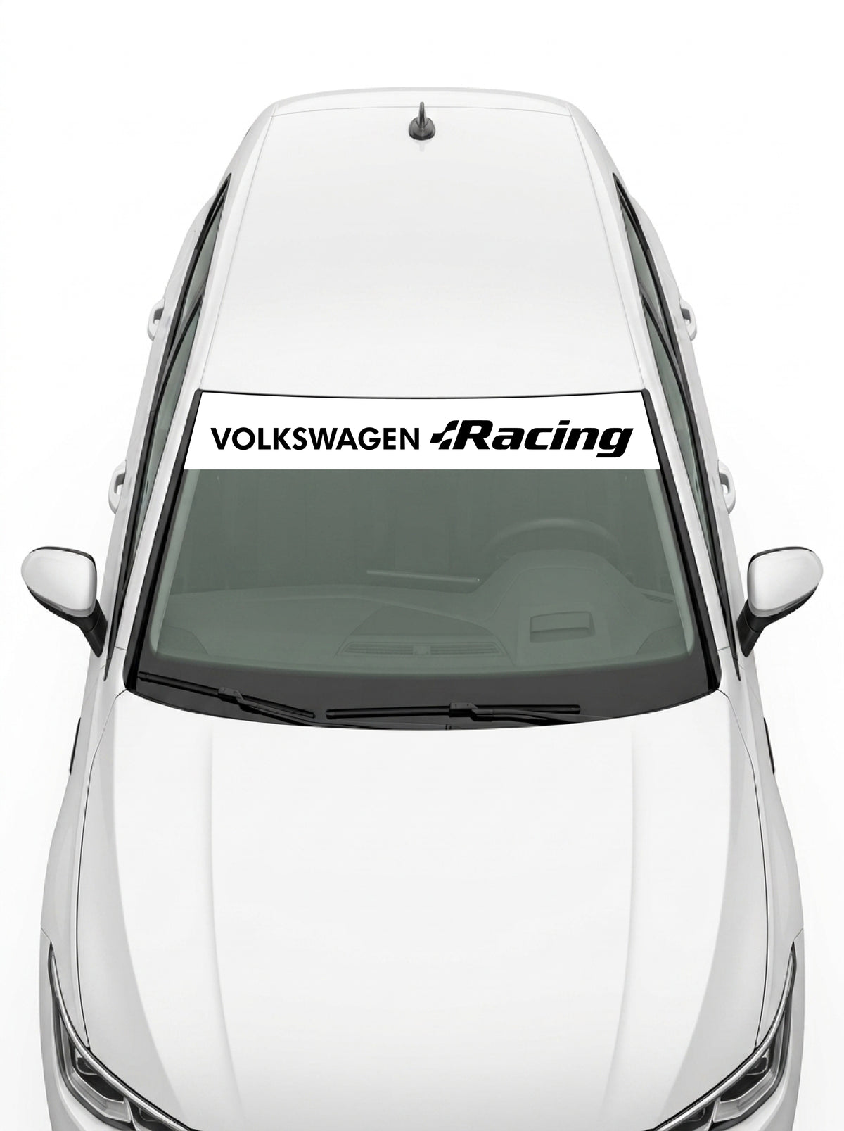 Volkswagen - Programa Rally blanco con el lettering VOLKSWAGEN Racing en negro instalado en el parabrisas