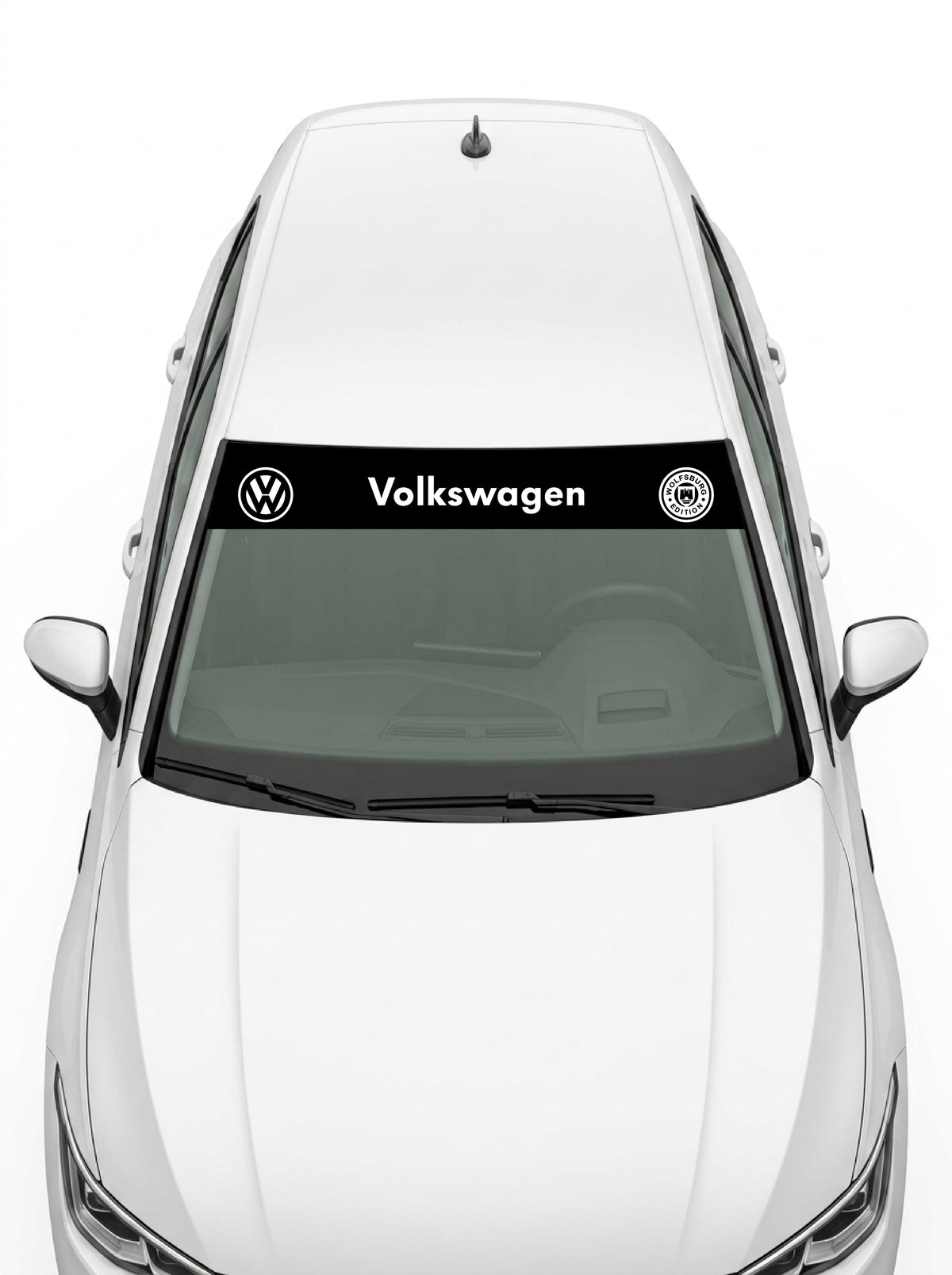 Volkswagen - Sello Wolfsburg negro con el emblema VW, el lettering Volkswagen y el escudo de Wolfsburg en blanco instalado en el parabrisas