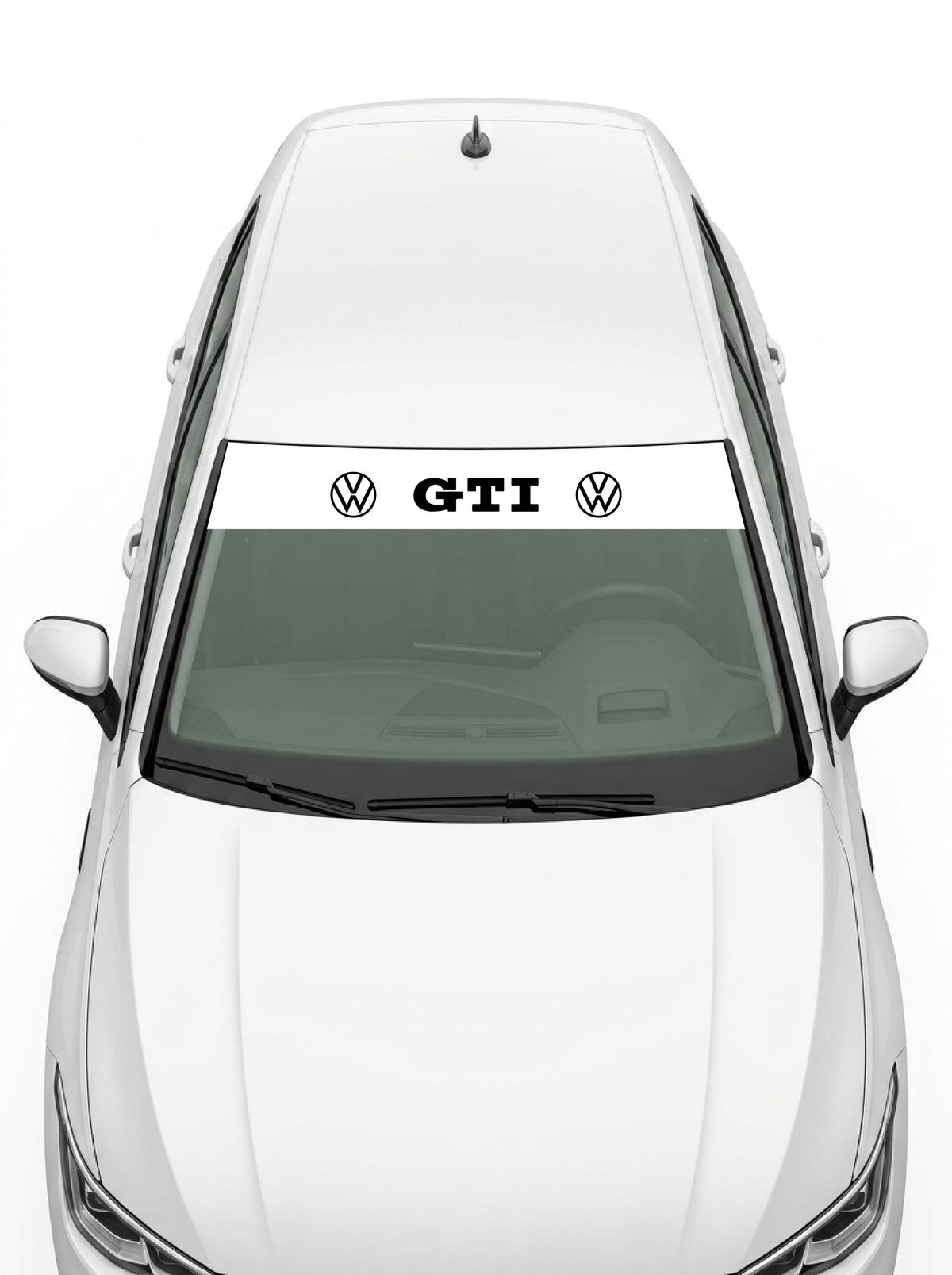 Volkswagen - Sigla y Matriz blanco con el lettering GTI en negro entre dos emblemas VW instalado en el parabrisas