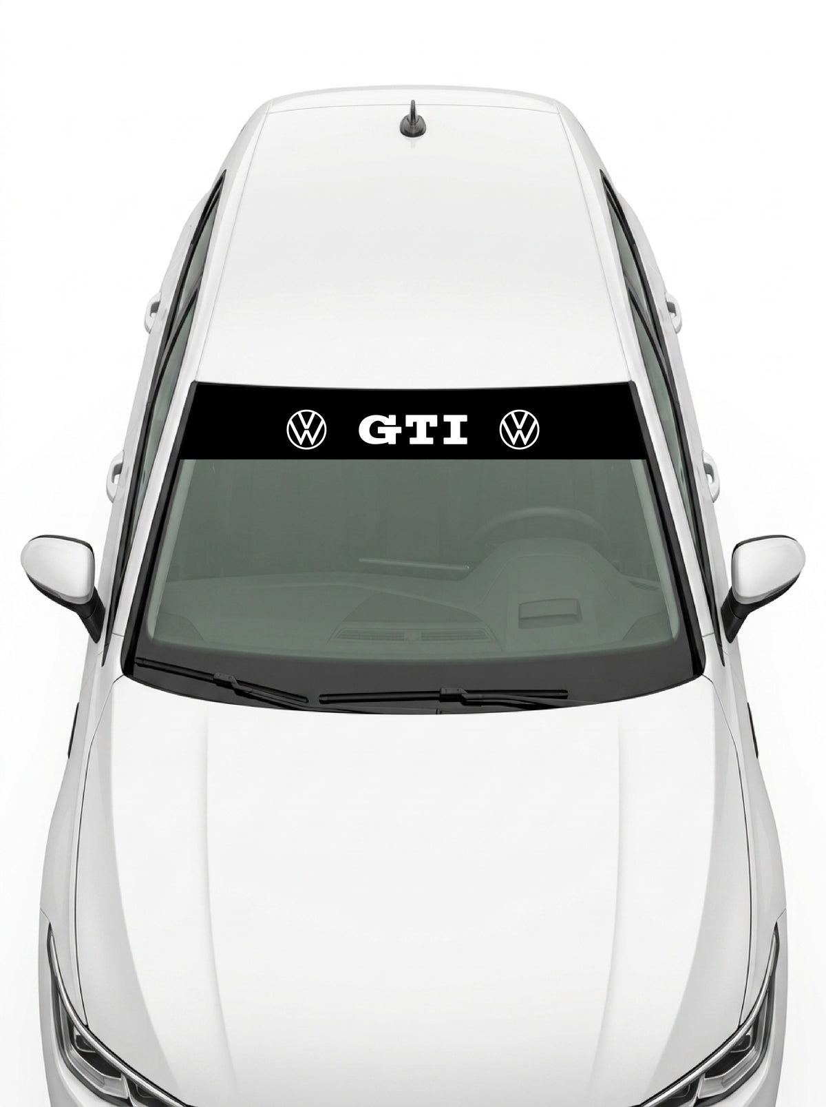 Volkswagen - Sigla y Matriz negro con el lettering GTI en blanco entre dos emblemas VW instalado en el parabrisas