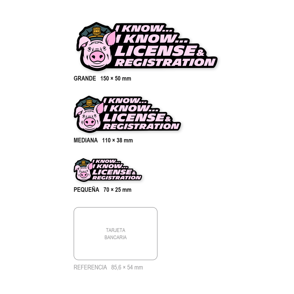 Los tres tamaños de la pegatina License and Registration juntos y a escala real: 70 × 25 mm, 110 × 38 mm y 150 × 50 mm, con una tarjeta bancaria de 85,6 × 54 mm al lado para comparar.