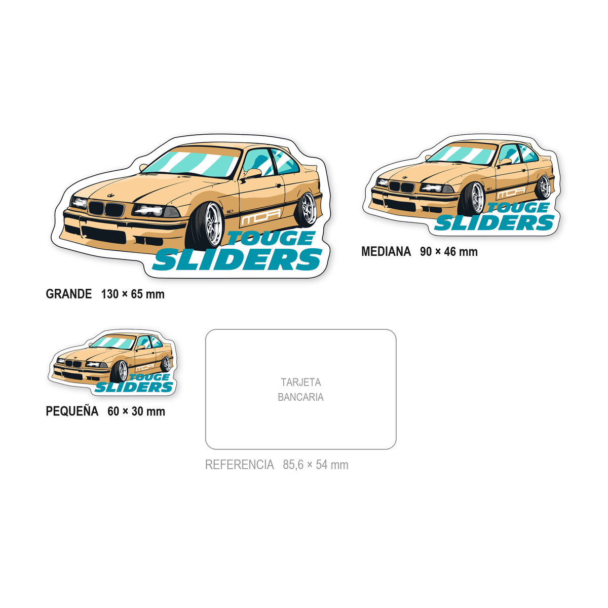 Los tres tamaños de la pegatina Touge Sliders Beige juntos y a escala real: 60 × 30 mm, 90 × 46 mm y 130 × 65 mm, con una tarjeta bancaria de 85,6 × 54 mm al lado para comparar.
