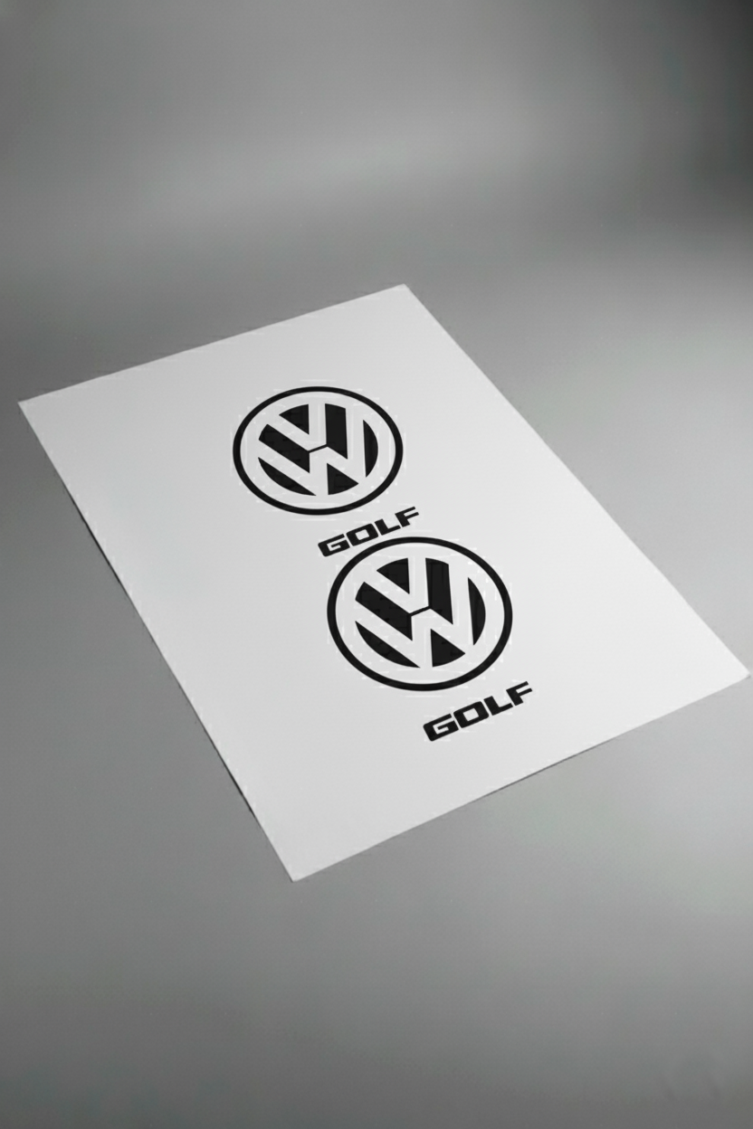 Pliego de vinilos del kit Logotipo Golf Mini. Vinilos de emblema de tamaño reducido, ideales para volante o detalles interiores y exteriores.