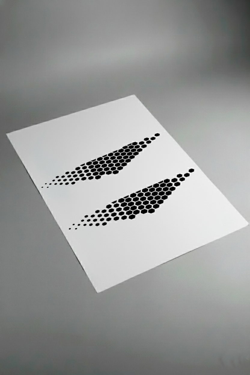 Pliego de vinilos de alta calidad que componen el kit TCR V2. Muestra las secciones de diseño geométrico de competición listas para la instalación.