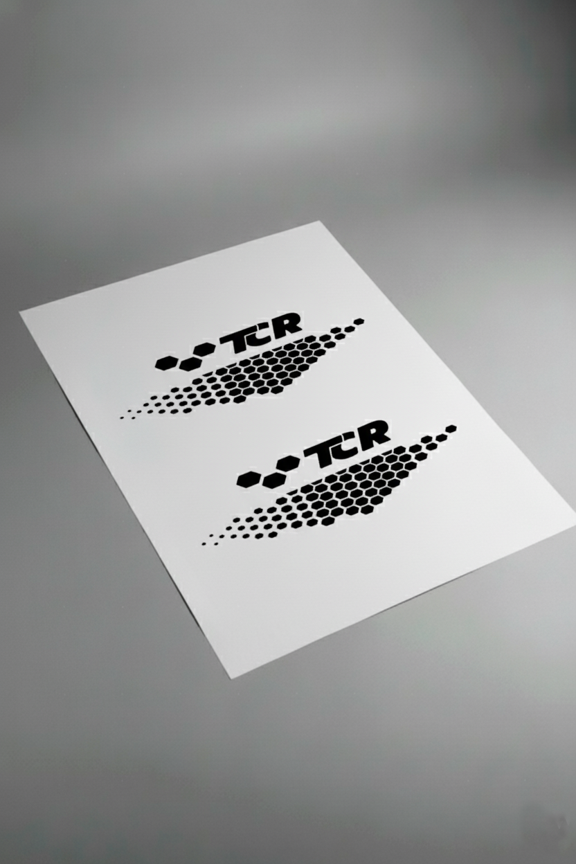 Pliego de vinilos de alta calidad que componen el kit de competición Volkswagen TCR. Muestra las secciones de la librea listas para la instalación.