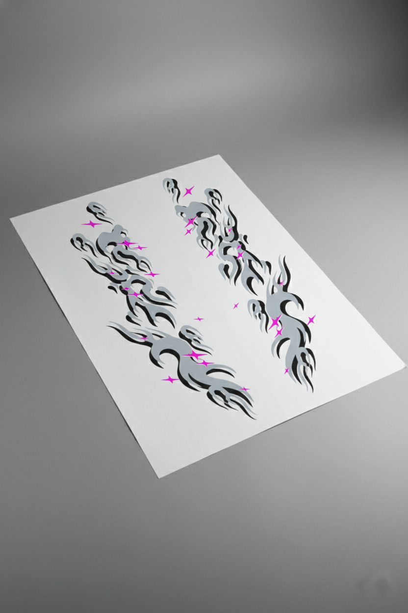 Pliego de vinilos del kit Japan Grey Flames en tonos de gris. Producto físico de vinilo de alta calidad para kit de personalización de vehículos.