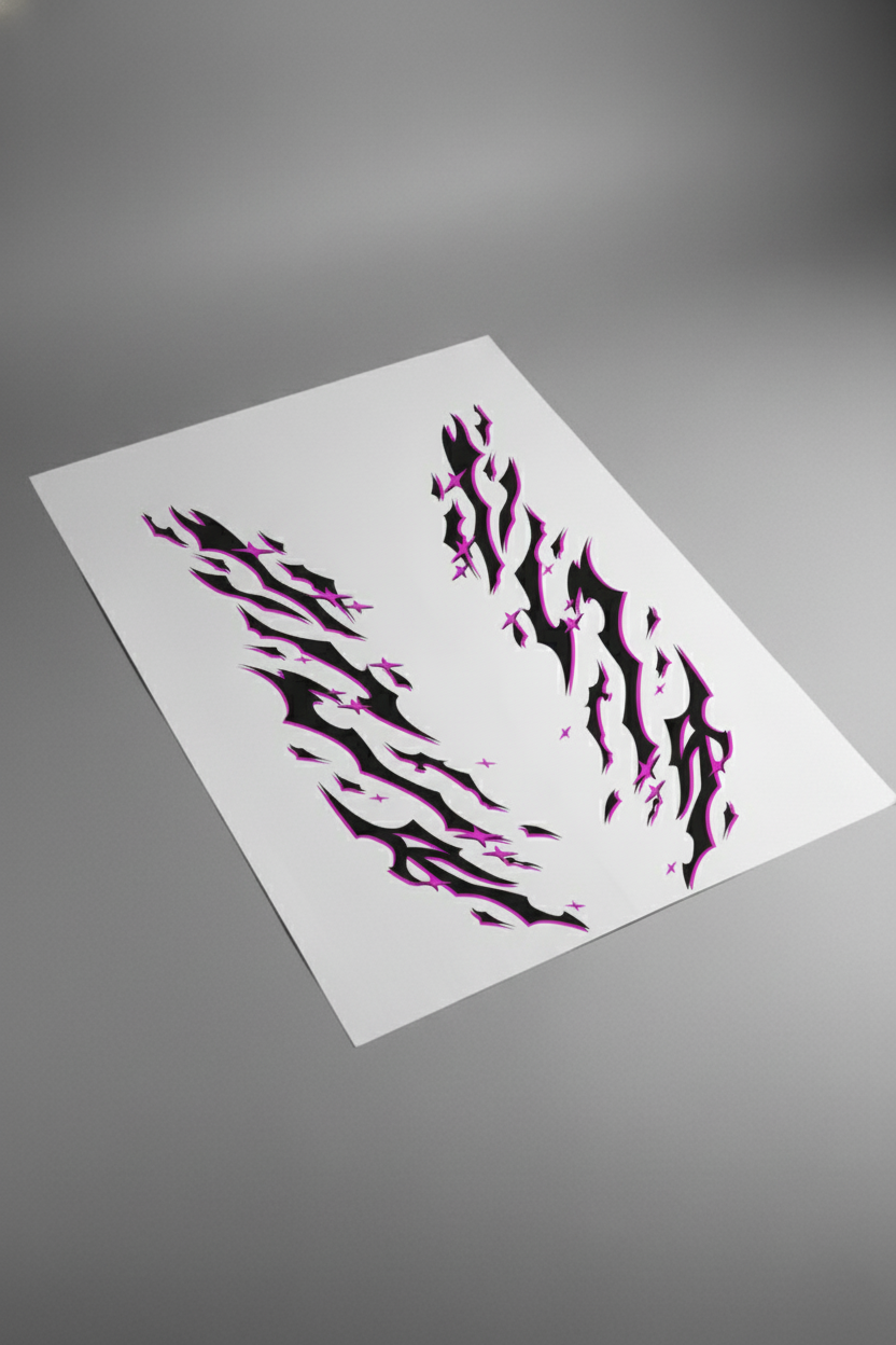 Pliego de vinilos del kit Pink Tribal en color rosa intenso, visto en mesa de estudio. Producto físico para personalización rápida de vehículos.