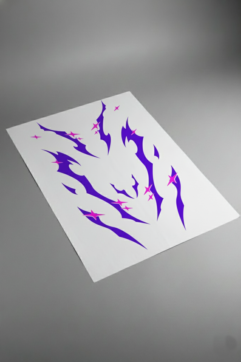 Pliego de vinilos del kit Purple Tribal Stars en color morado, sobre superficie de estudio. Producto físico de vinilo de alta calidad.