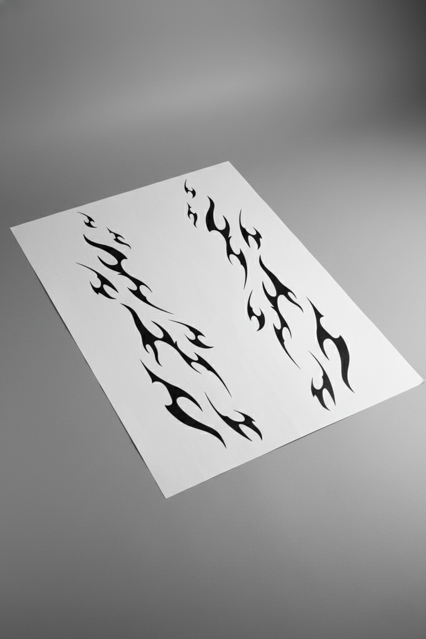 Pliego de vinilo del kit tribal en color negro, visto en perspectiva sobre mesa gris. Muestra del producto físico para instalación en coche.