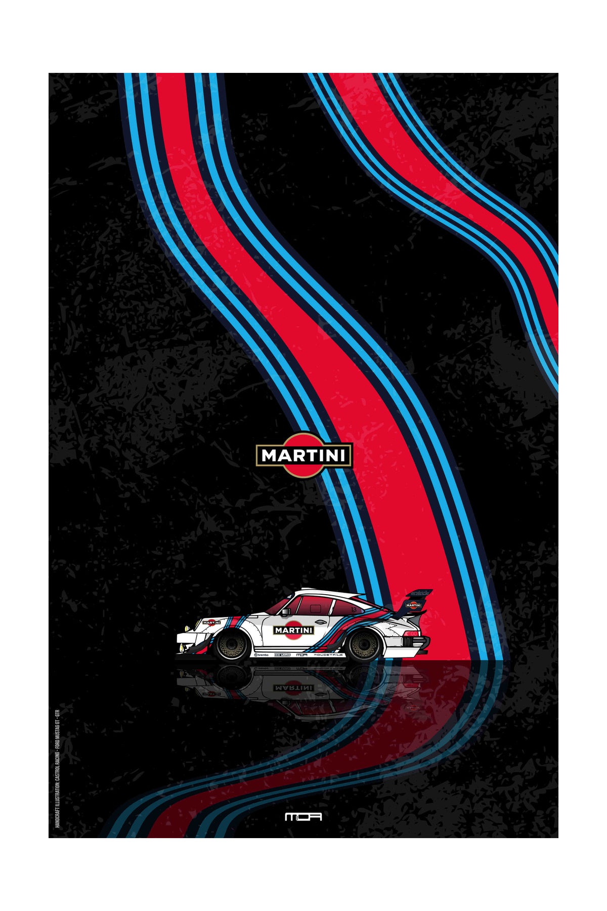 Póster de pared con el Porsche 911 y livery Martini Racing sobre fondo negro, un diseño de estilo retro racing para personalización de MOA-Grafics.