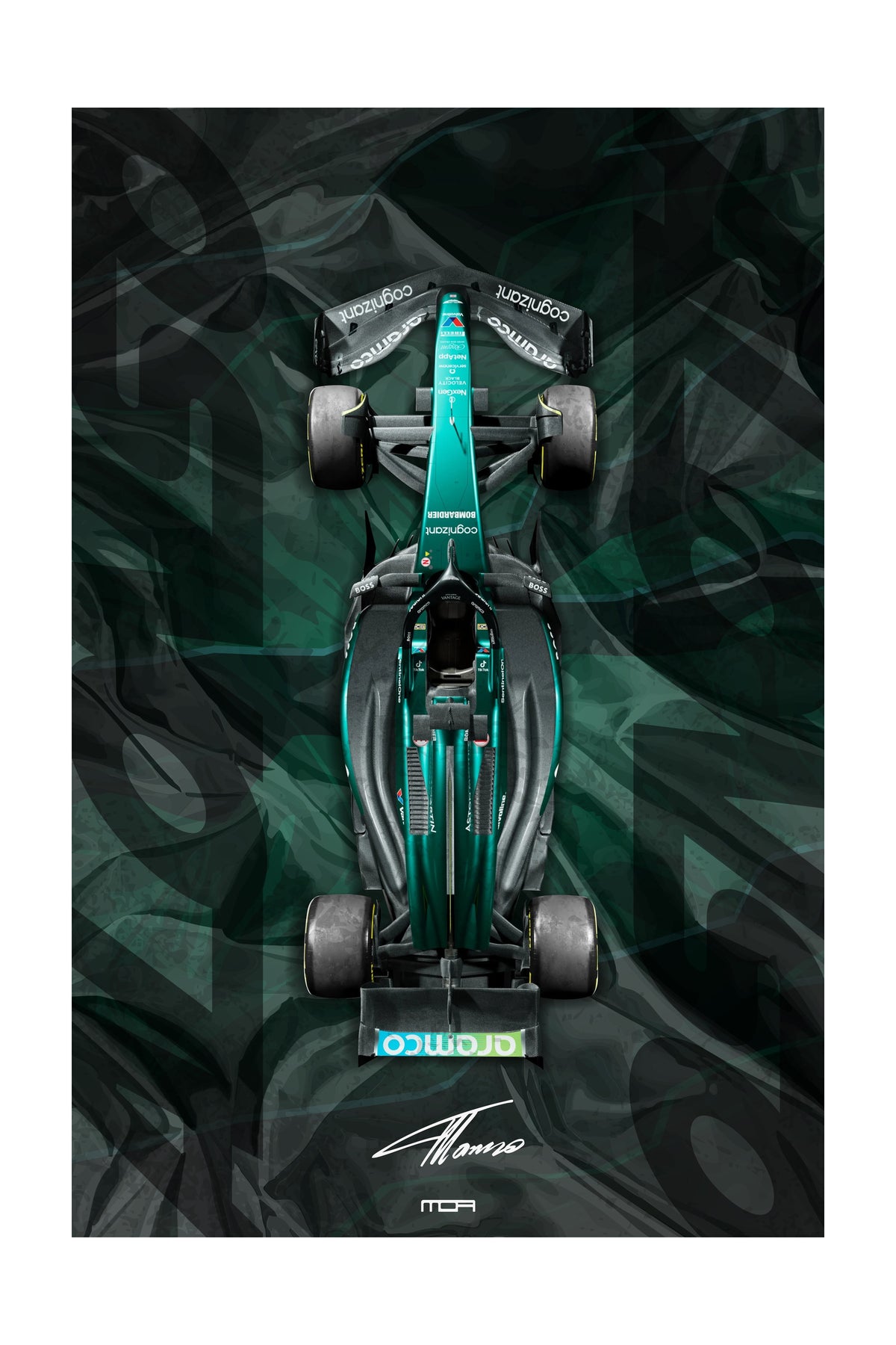 Póster de Arte del Aston Martin Vantage V4. Diseño de collage de múltiples siluetas en tonos verde y negro, ideal para diseño gráfico y automovilismo.