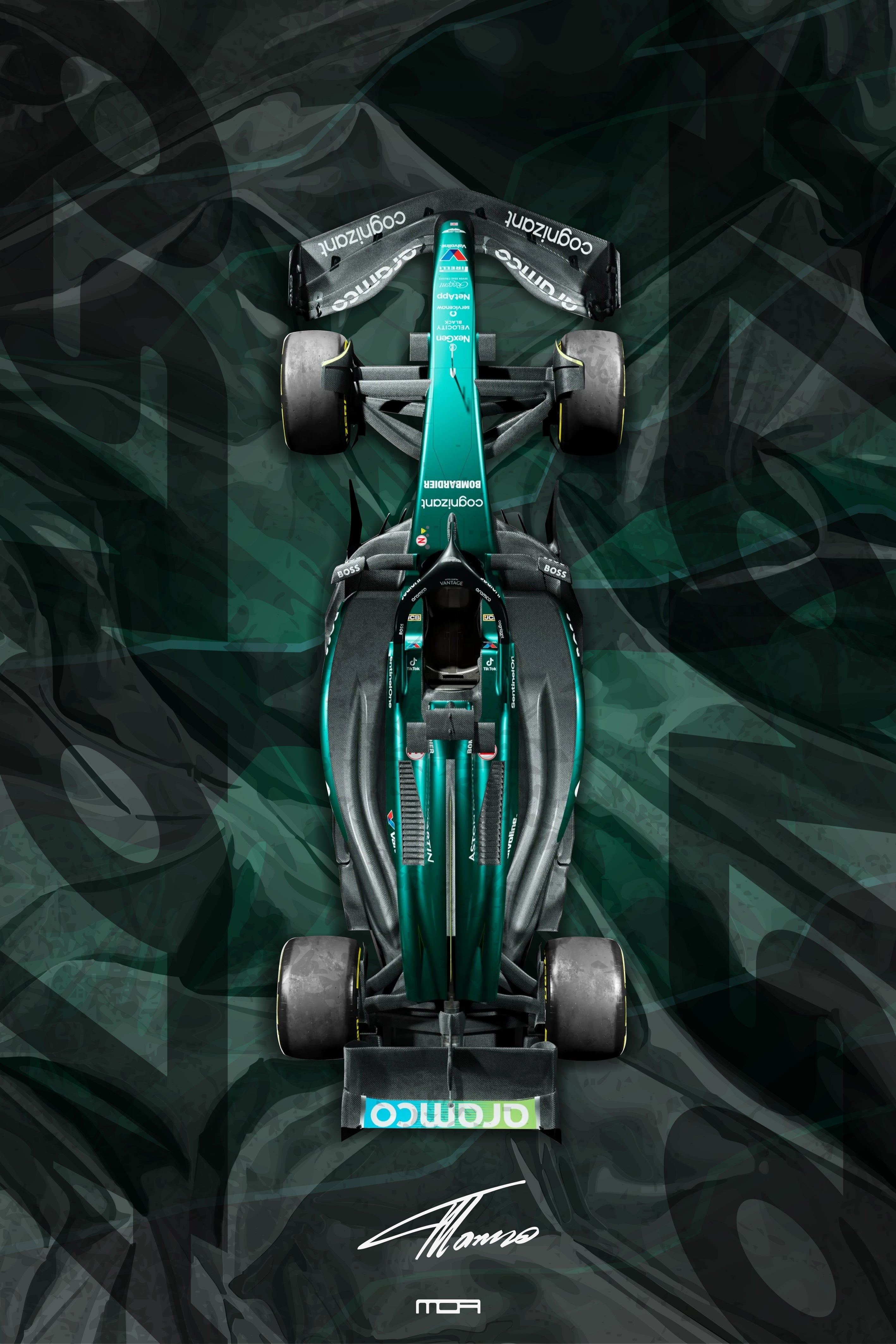 Póster de Arte del Aston Martin Vantage V4. Diseño de collage de múltiples siluetas en tonos verde y negro, ideal para diseño gráfico y automovilismo.