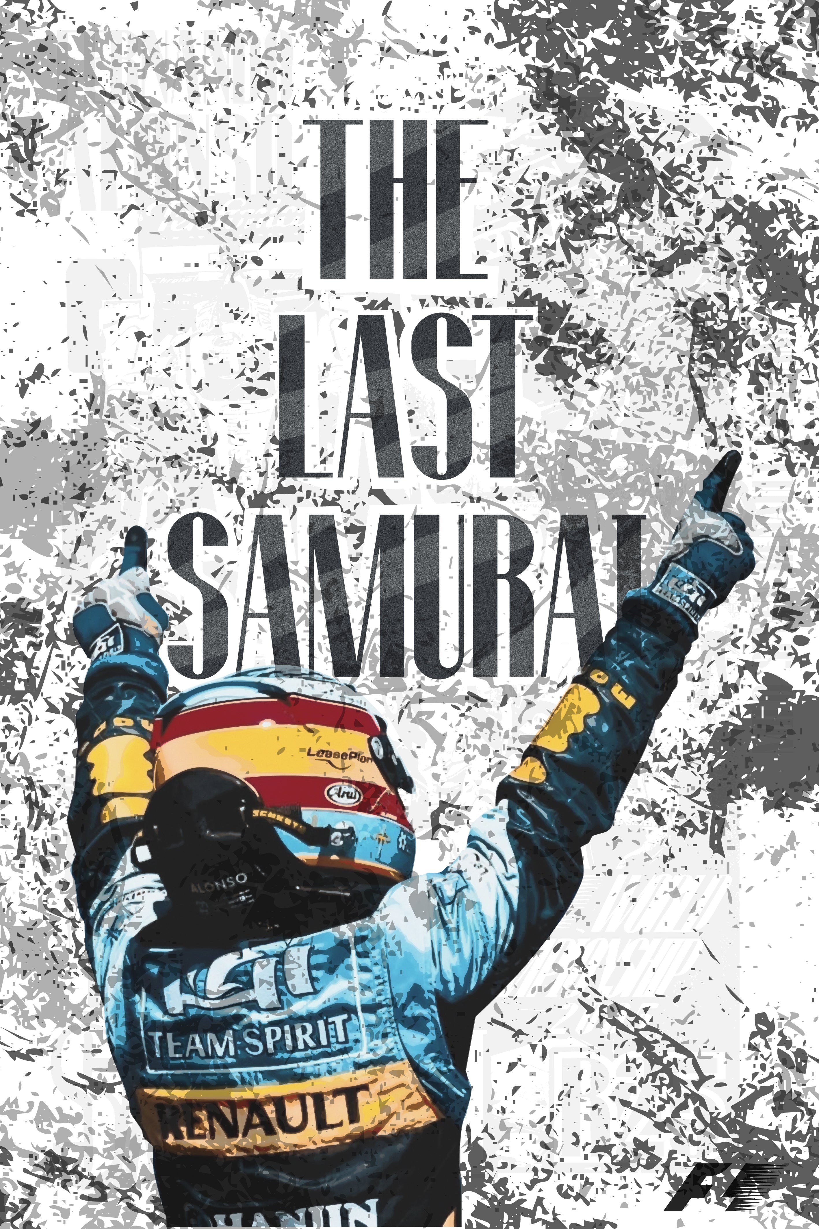 Póster de Arte del piloto Fernando Alonso (Magic Alonso). Ilustración dinámica en pista, con enfoque en la leyenda de Fórmula 1 y colores de competición.