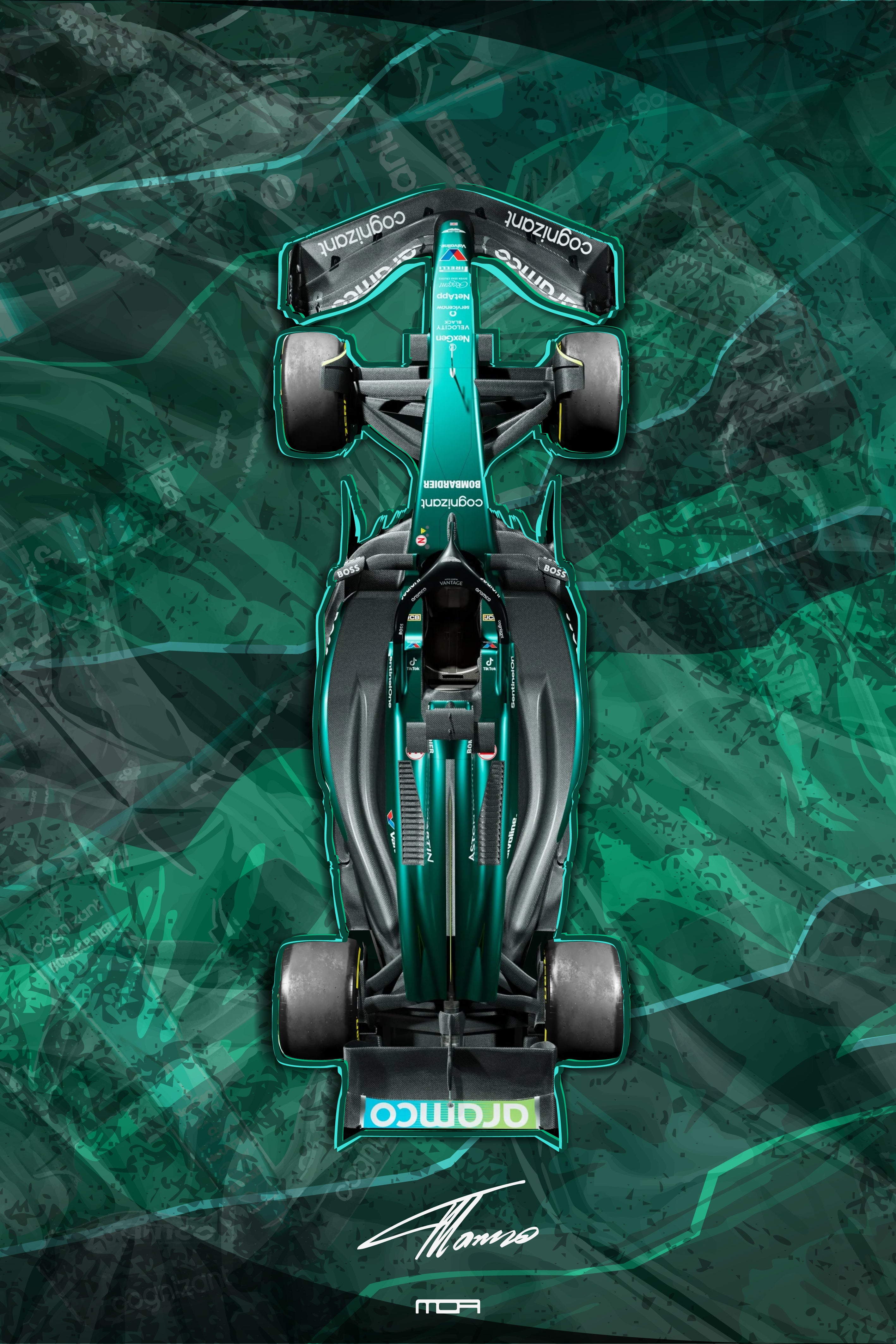 Póster de Arte del Aston Martin Vantage con librea de carreras. Diseño moderno y abstracto en tonos verde y amarillo neón, ideal para decoración deportiva.