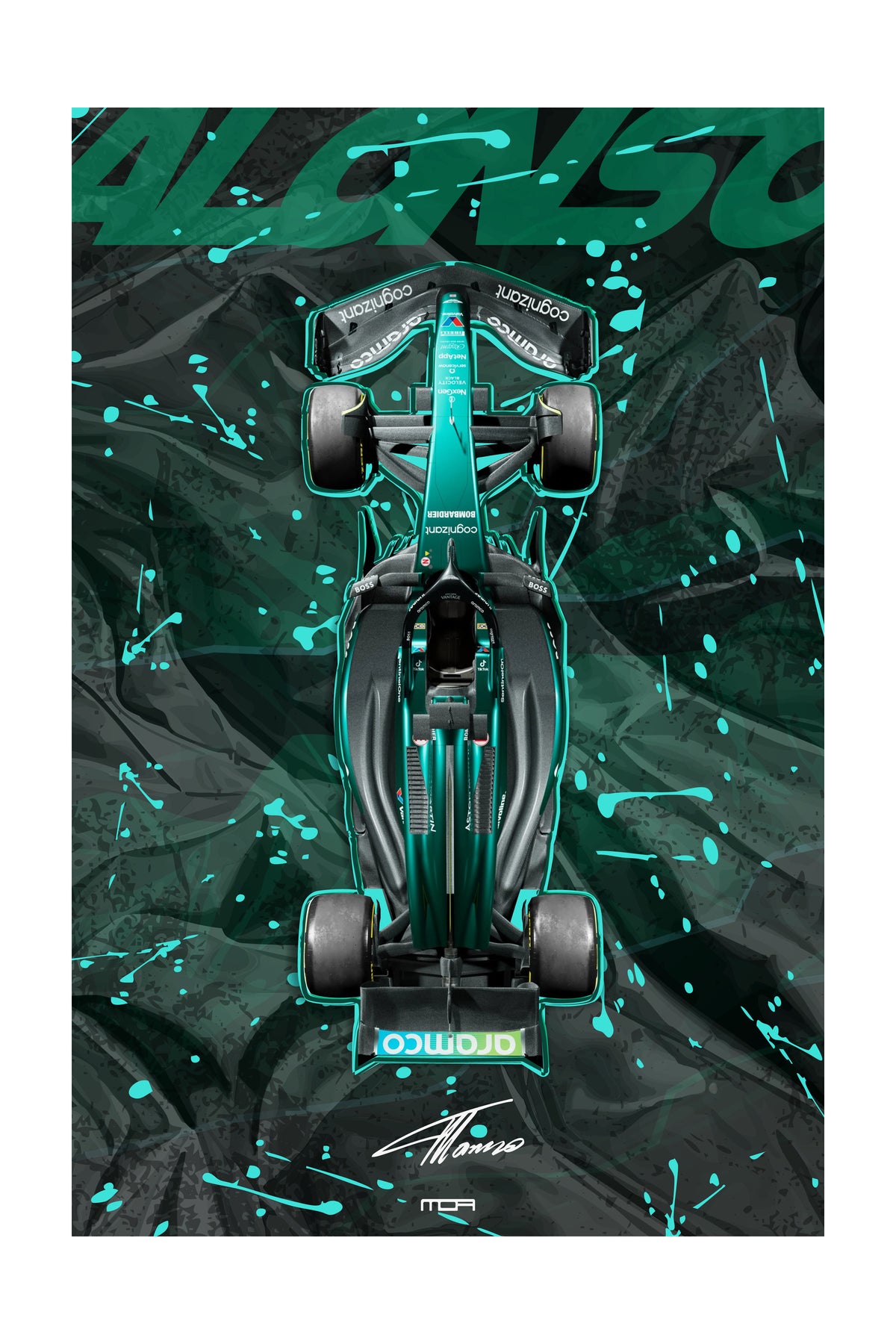 Poster de arte del Aston Martin Vantage de Formula 1 con el apellido Alonso en verde y salpicaduras turquesa sobre fondo de seda verde.