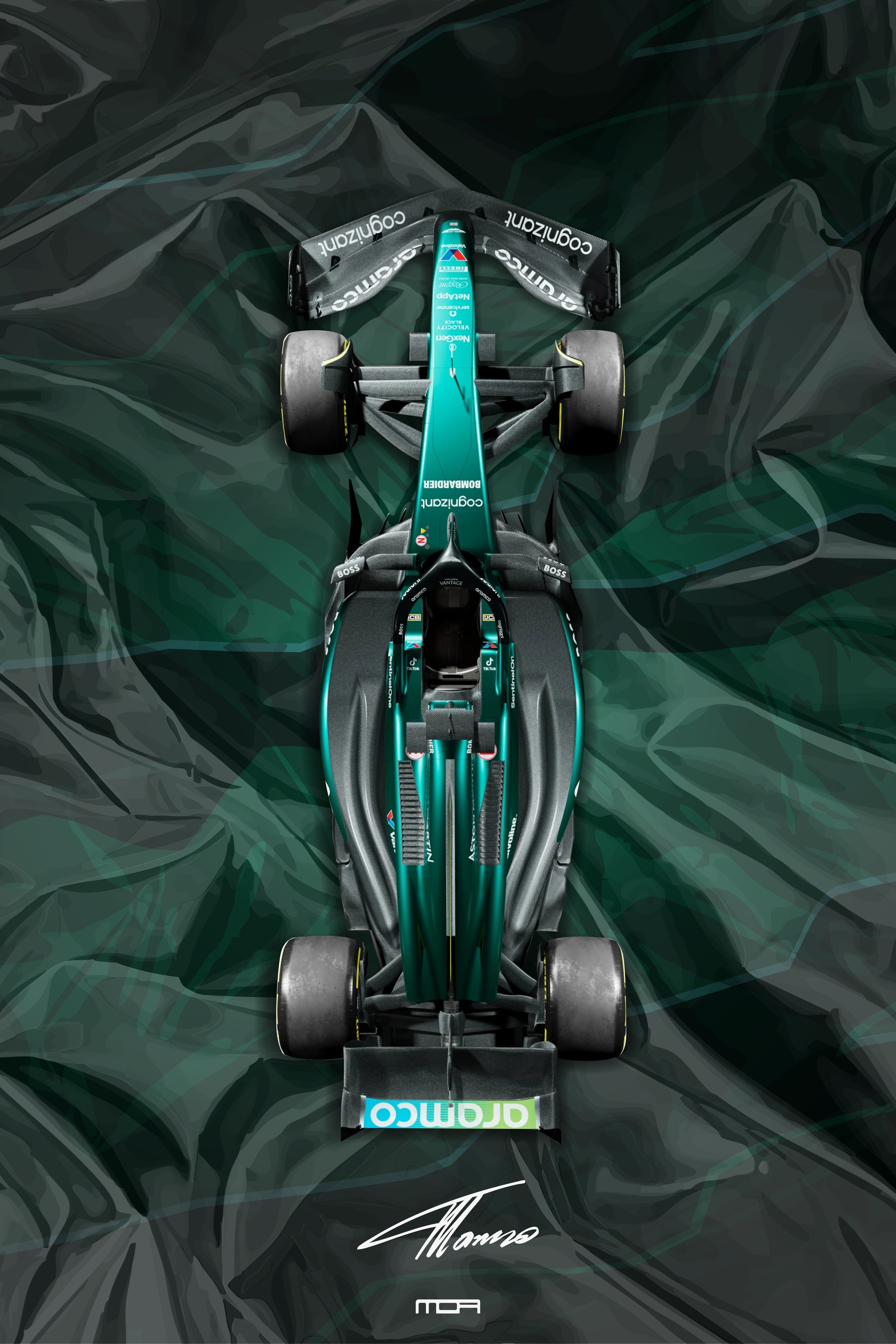 Póster de arte del Aston Martin Vantage en pista. Diseño dinámico con líneas de velocidad abstractas, en los icónicos tonos de competición verde y amarillo.