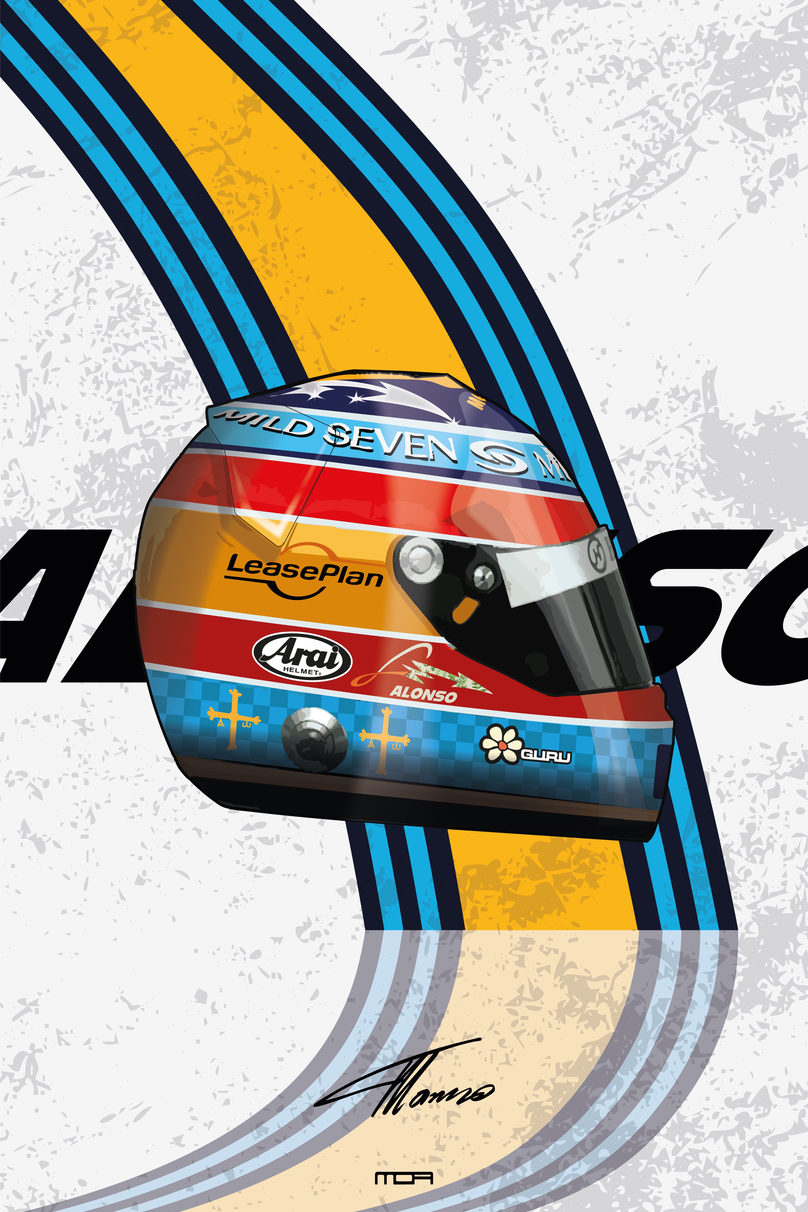 Póster de pared con el casco de Fernando Alonso 2005, un diseño de F1 retro para la decoración de espacios de MOA-Grafics.