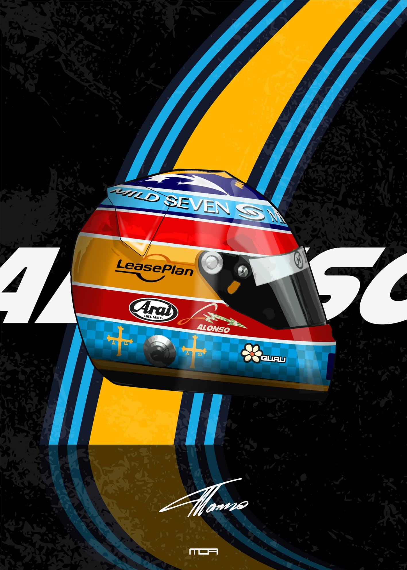 Póster de pared del casco de Fernando Alonso 2005, un diseño retro racing para la decoración de garajes y salones por MOA-Grafics.
