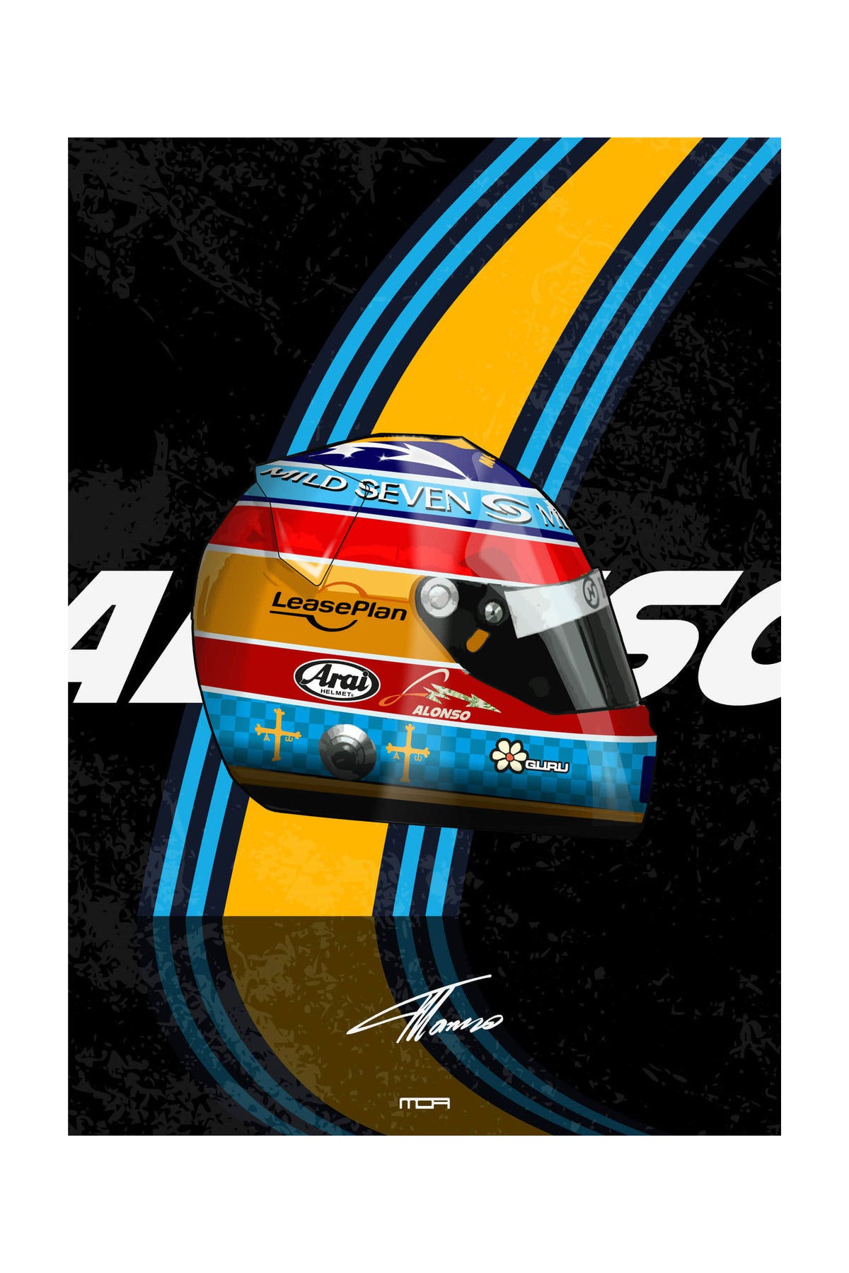 Póster de pared del casco de Fernando Alonso 2005, un diseño retro racing para la decoración de garajes y salones por MOA-Grafics.
