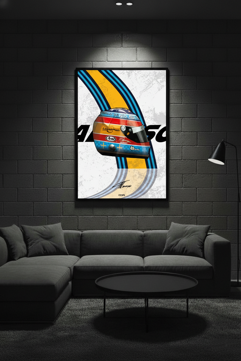 Póster enmarcado del casco de Fernando Alonso 2005 en una pared de cemento, un accesorio de decoración racing para salones de MOA-Grafics.