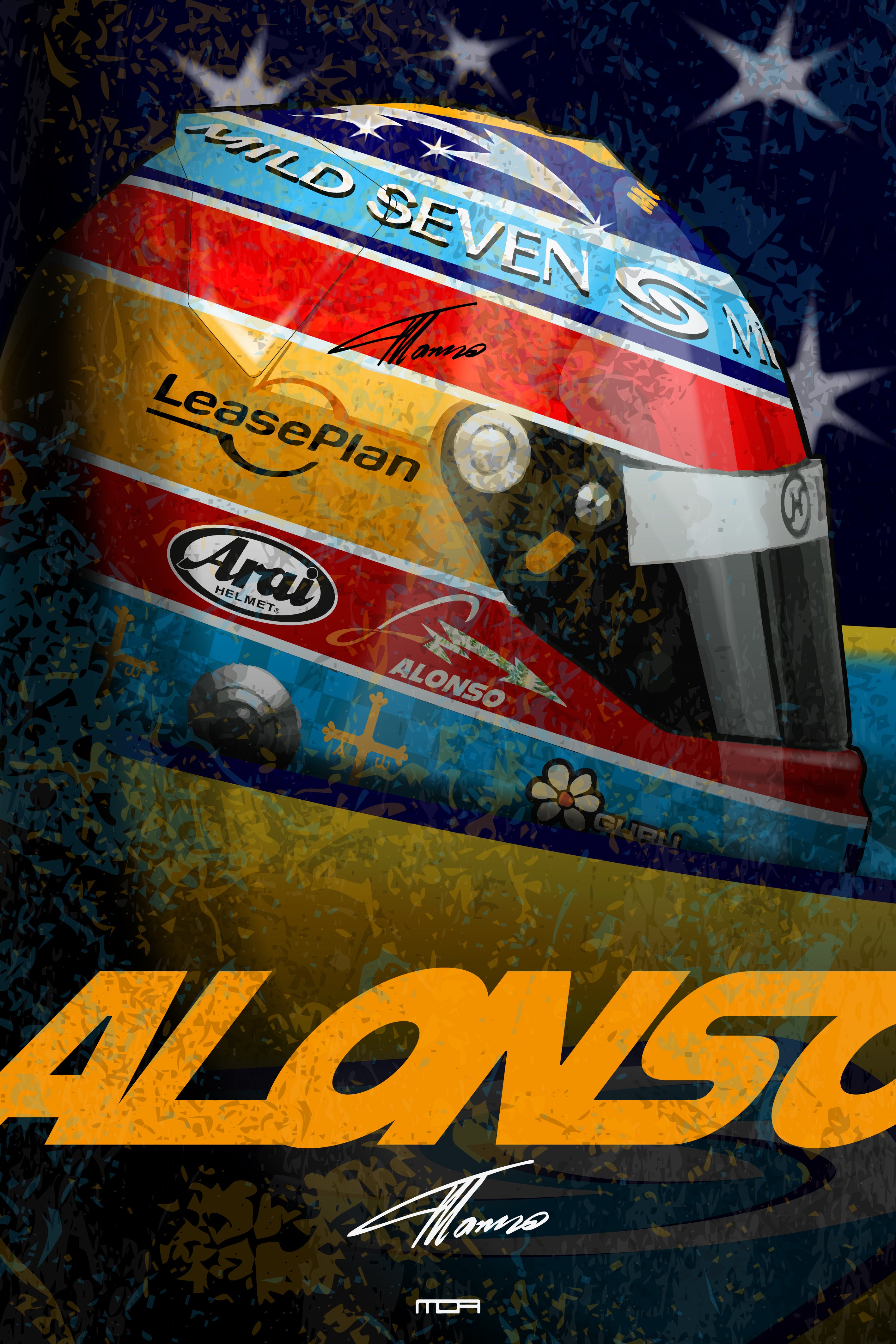 Póster de pared del casco de Fernando Alonso sobre un fondo estrellado, una pieza de estilo retro racing para decoración de MOA-Grafics.