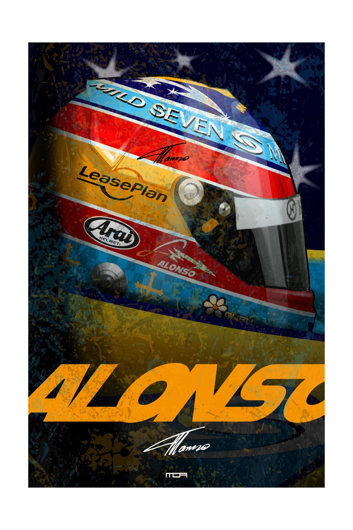 Póster de pared del casco de Fernando Alonso sobre un fondo estrellado, una pieza de estilo retro racing para decoración de MOA-Grafics.