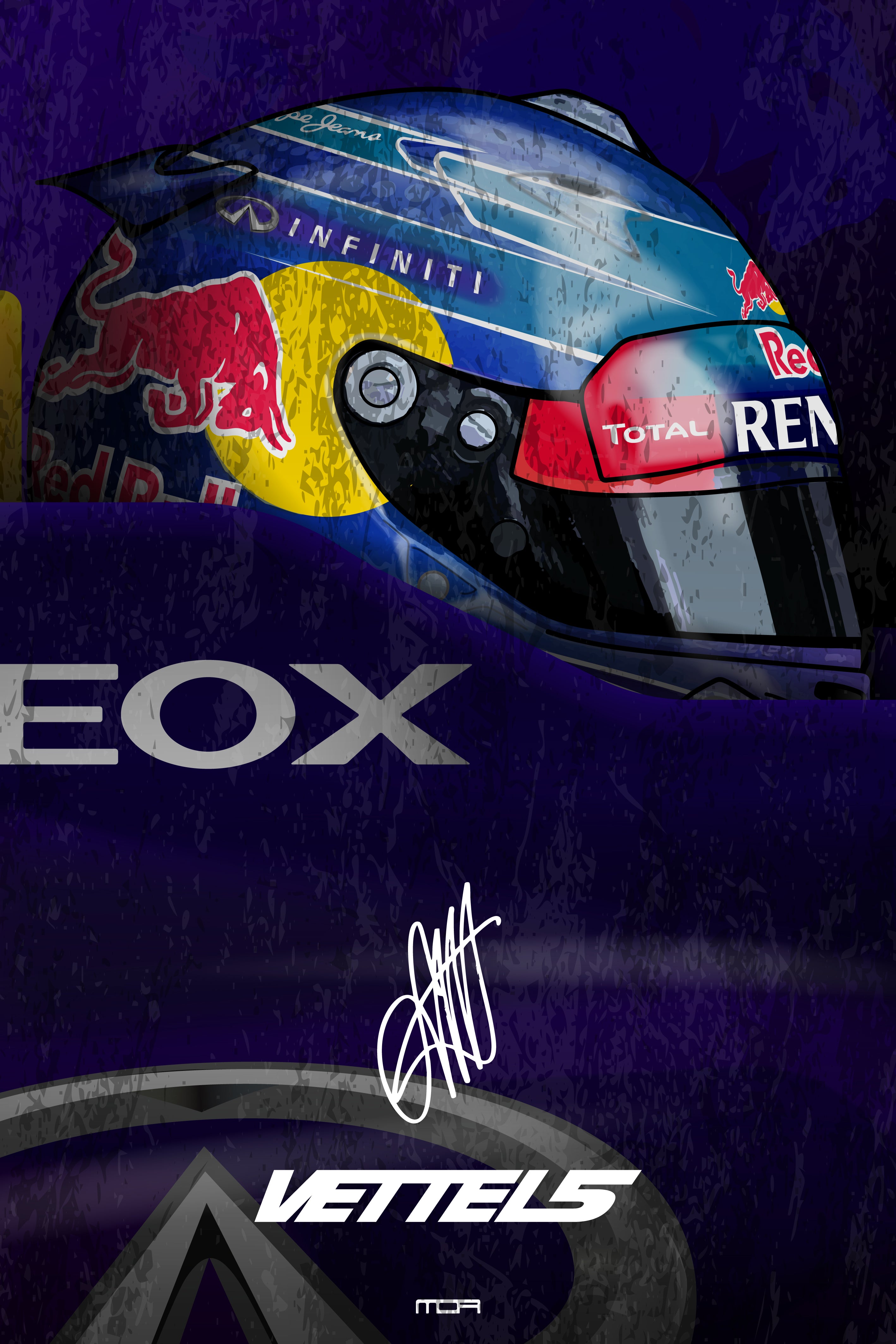 Póster de pared del casco de Sebastian Vettel en Red Bull, una pieza de arte retro racing para la decoración de garajes de MOA-Grafics.