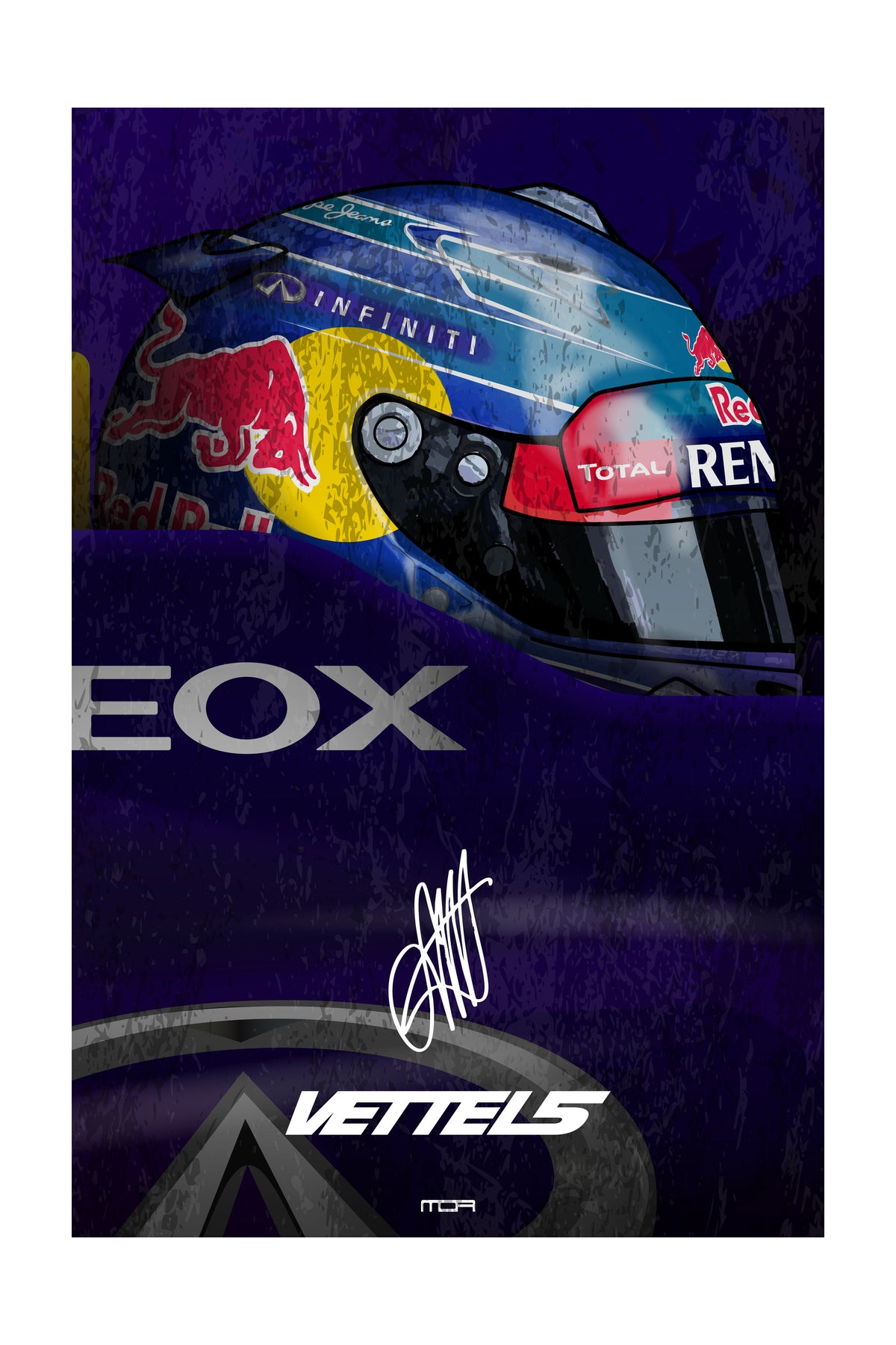 Póster de pared del casco de Sebastian Vettel en Red Bull, una pieza de arte retro racing para la decoración de garajes de MOA-Grafics.