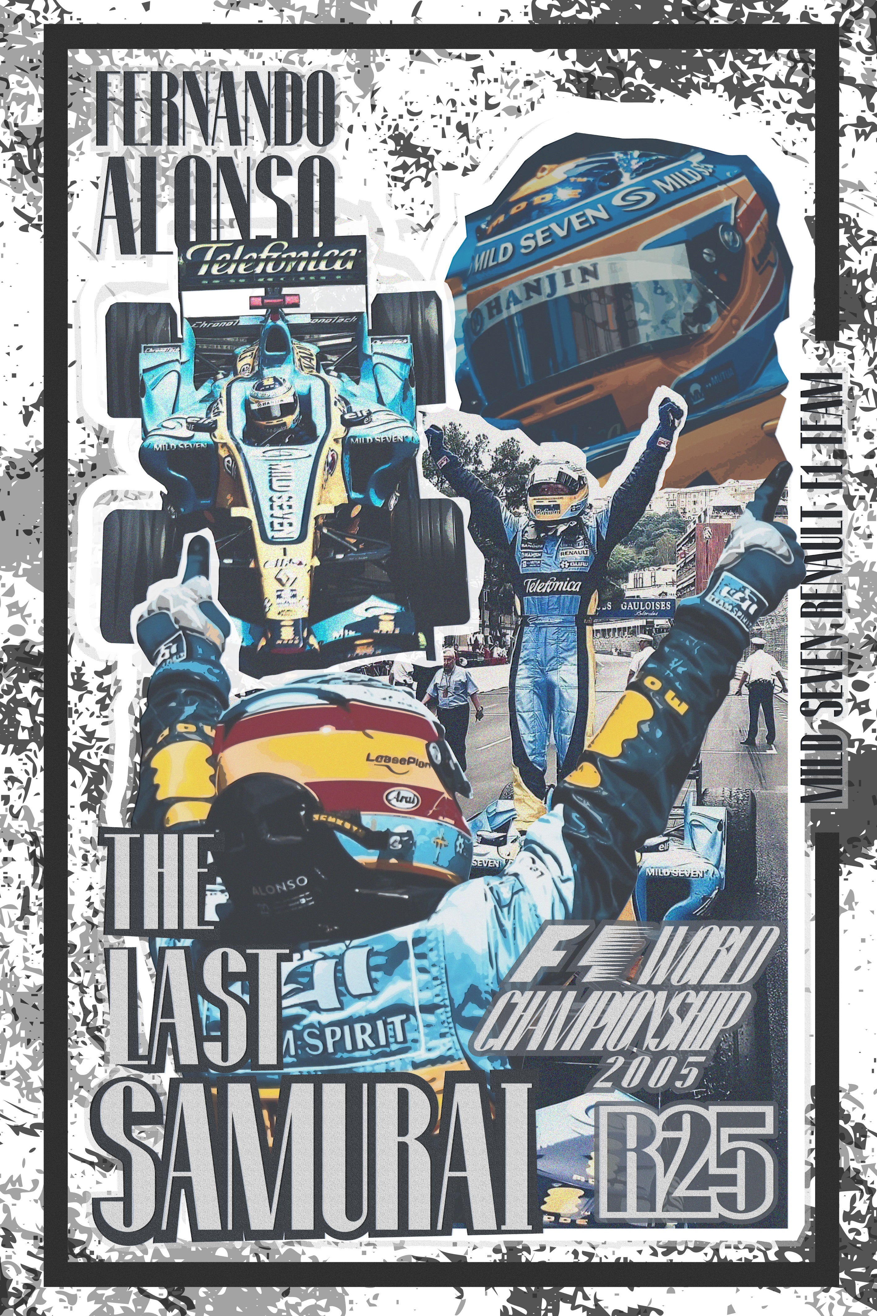 Póster de Arte del piloto Fernando Alonso V2. Diseño con estilo retro de Fórmula 1, capturando la acción en pista del icónico piloto español.