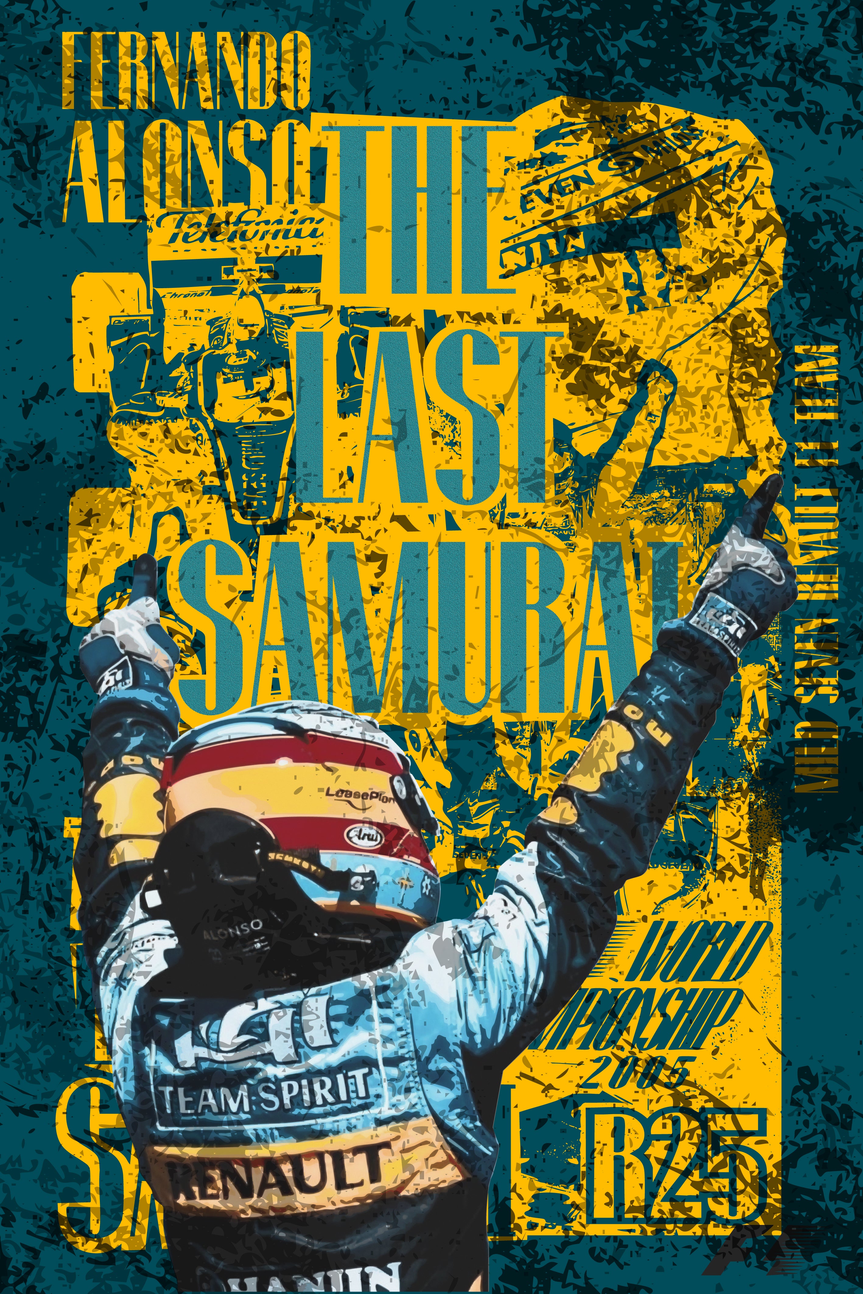 Póster de Arte del piloto Fernando Alonso V3. Diseño oscuro y de alto contraste que realza la silueta del monoplaza y el casco de la estrella de F1.