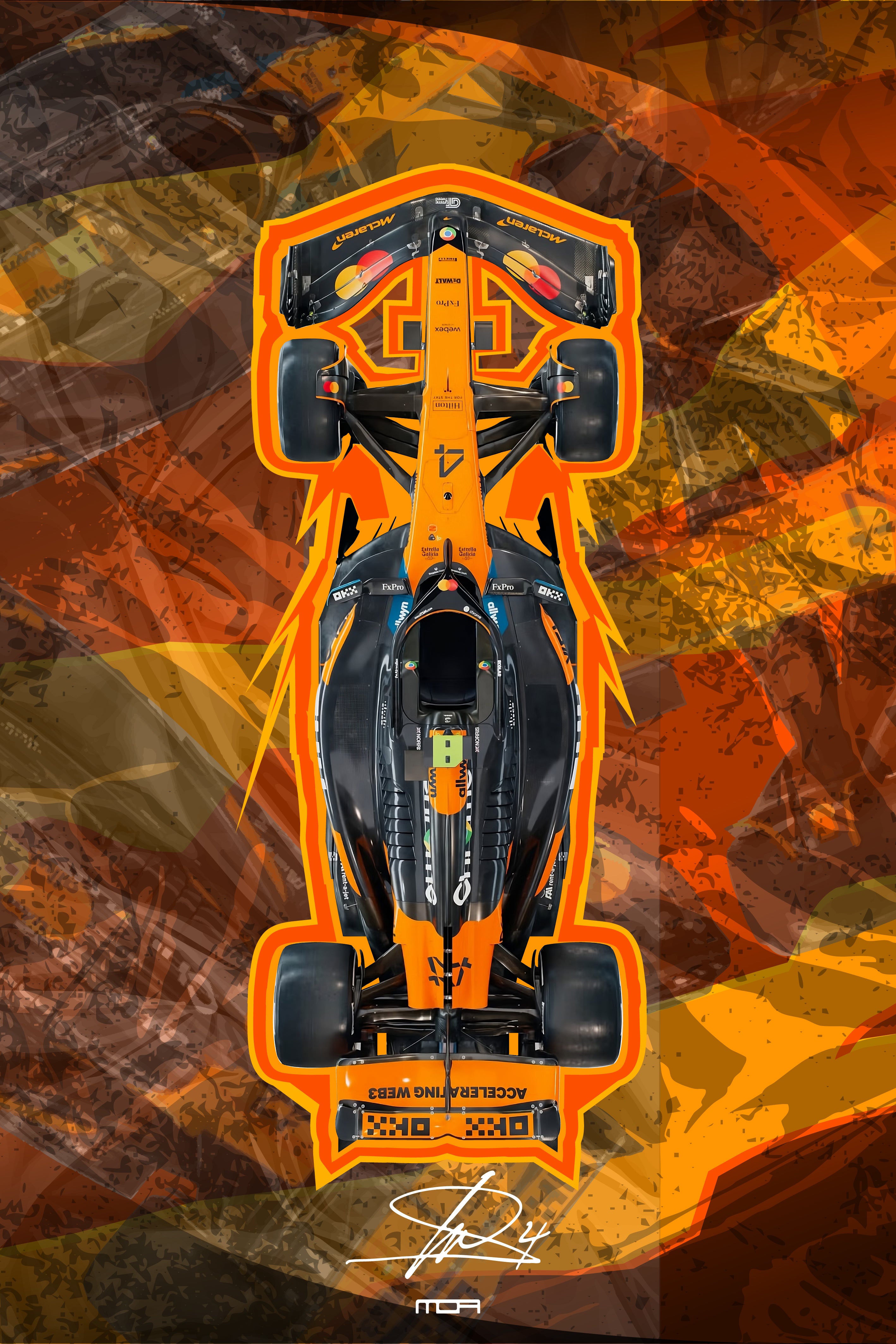 Póster de Arte del McLaren MP4/4 de F1. Ilustración en diseño vintage del monoplaza icónico de 1988, con los colores de competición blanco y rojo.