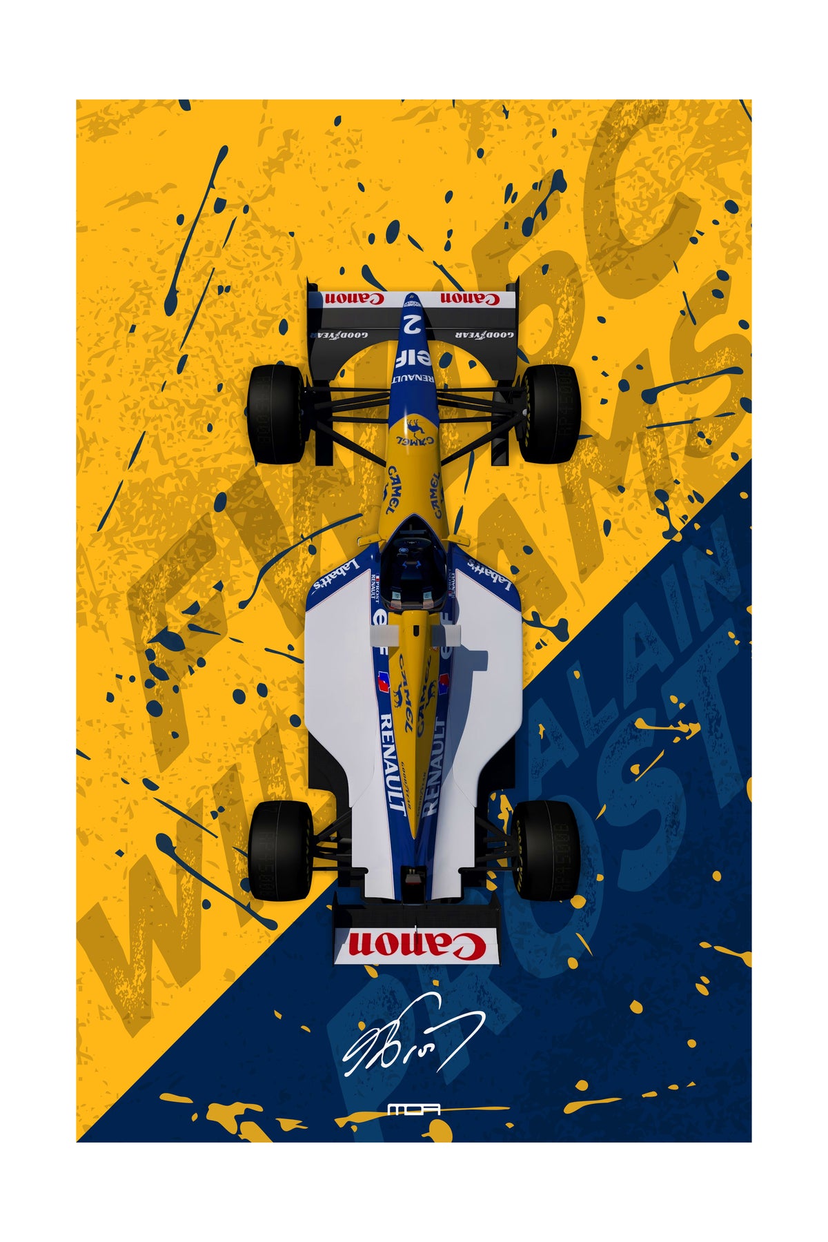 Póster de Arte del Williams FW15C, coche ganador de Fórmula 1 de Alain Prost (1993). Diseño de librea Rothmans, ideal para coleccionistas de F1.