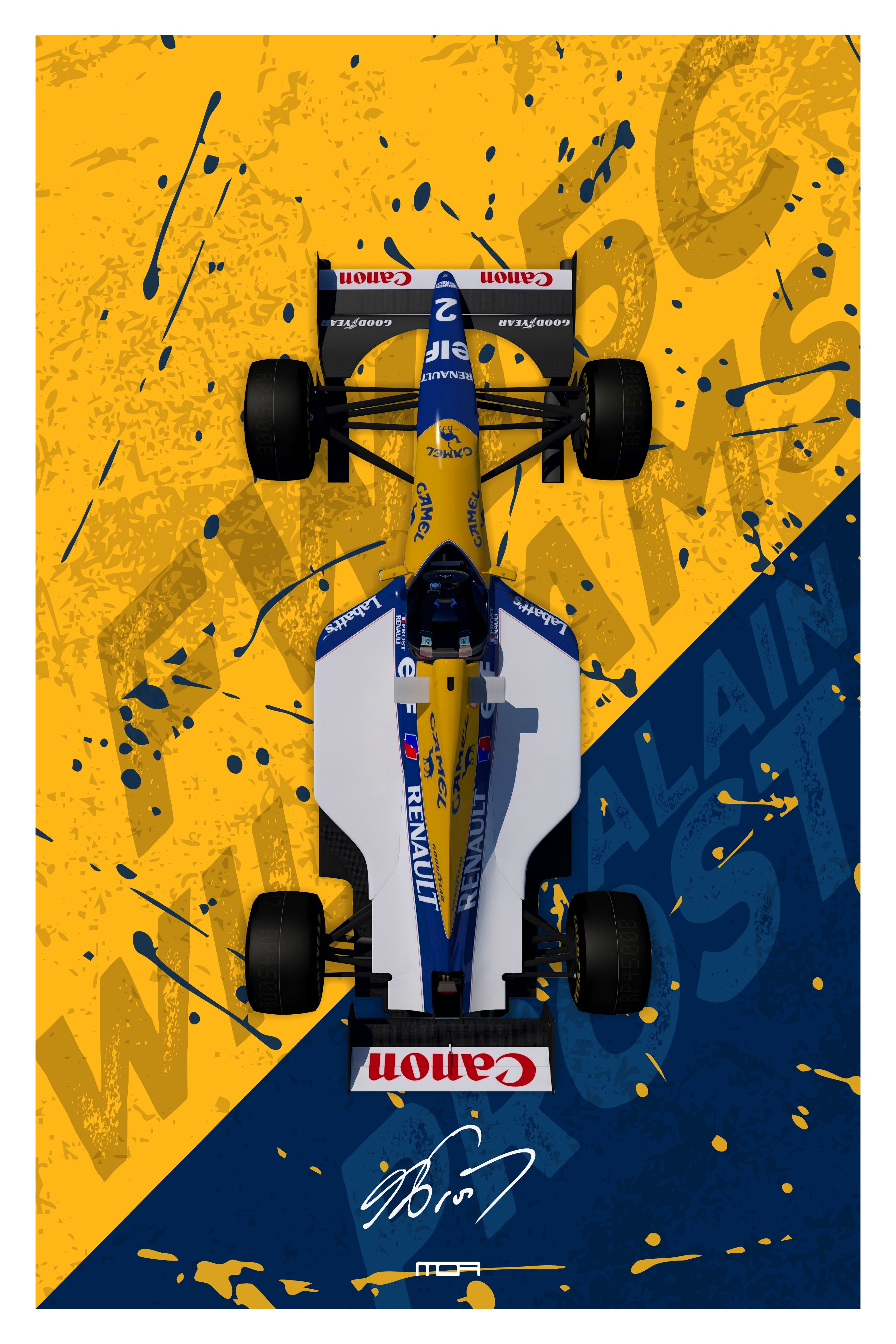 Póster de Arte del Williams FW15C, coche ganador de Fórmula 1 de Alain Prost (1993). Diseño de librea Rothmans, ideal para coleccionistas de F1.