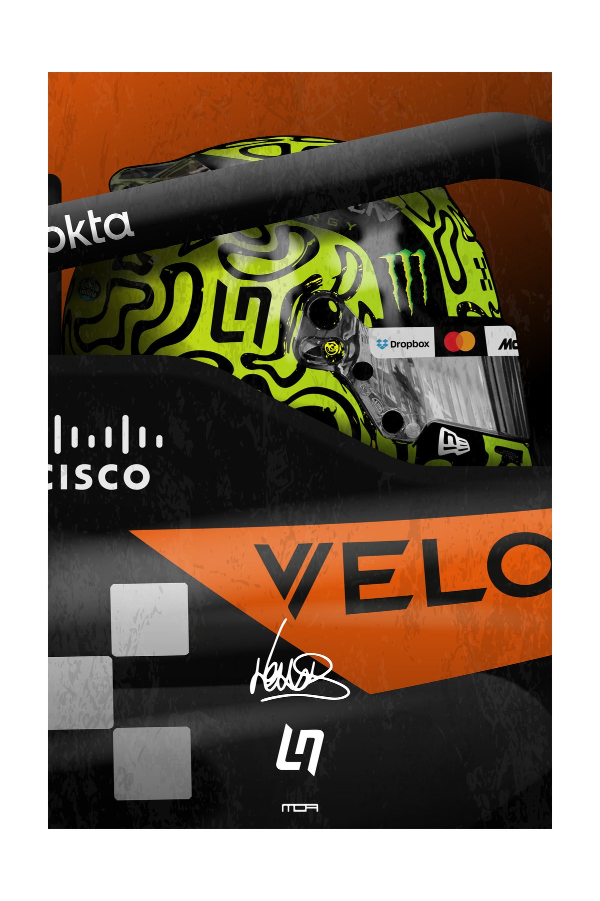 Póster del casco de Lando Norris en su F1 desde el cockpit, una pieza de arte racing para la decoración de salones de MOA-Grafics.
