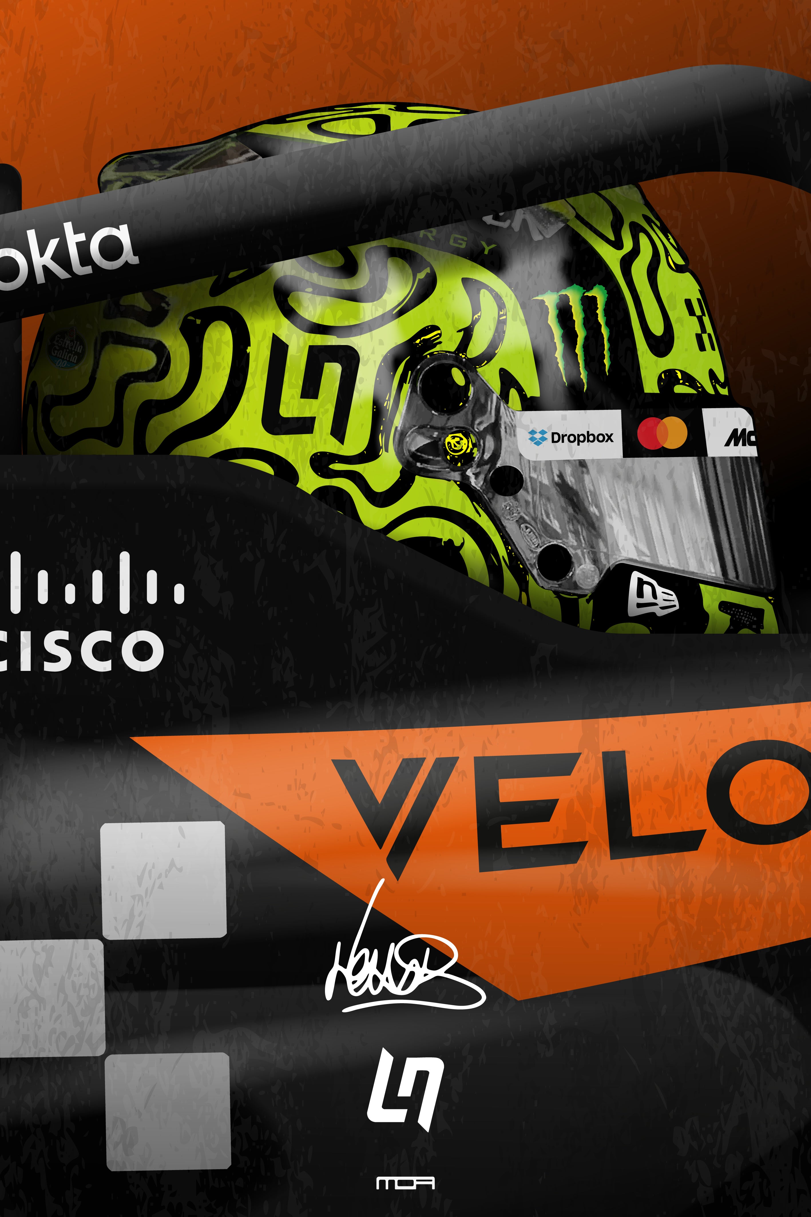 Póster del casco de Lando Norris en su F1 desde el cockpit, una pieza de arte racing para la decoración de salones de MOA-Grafics.