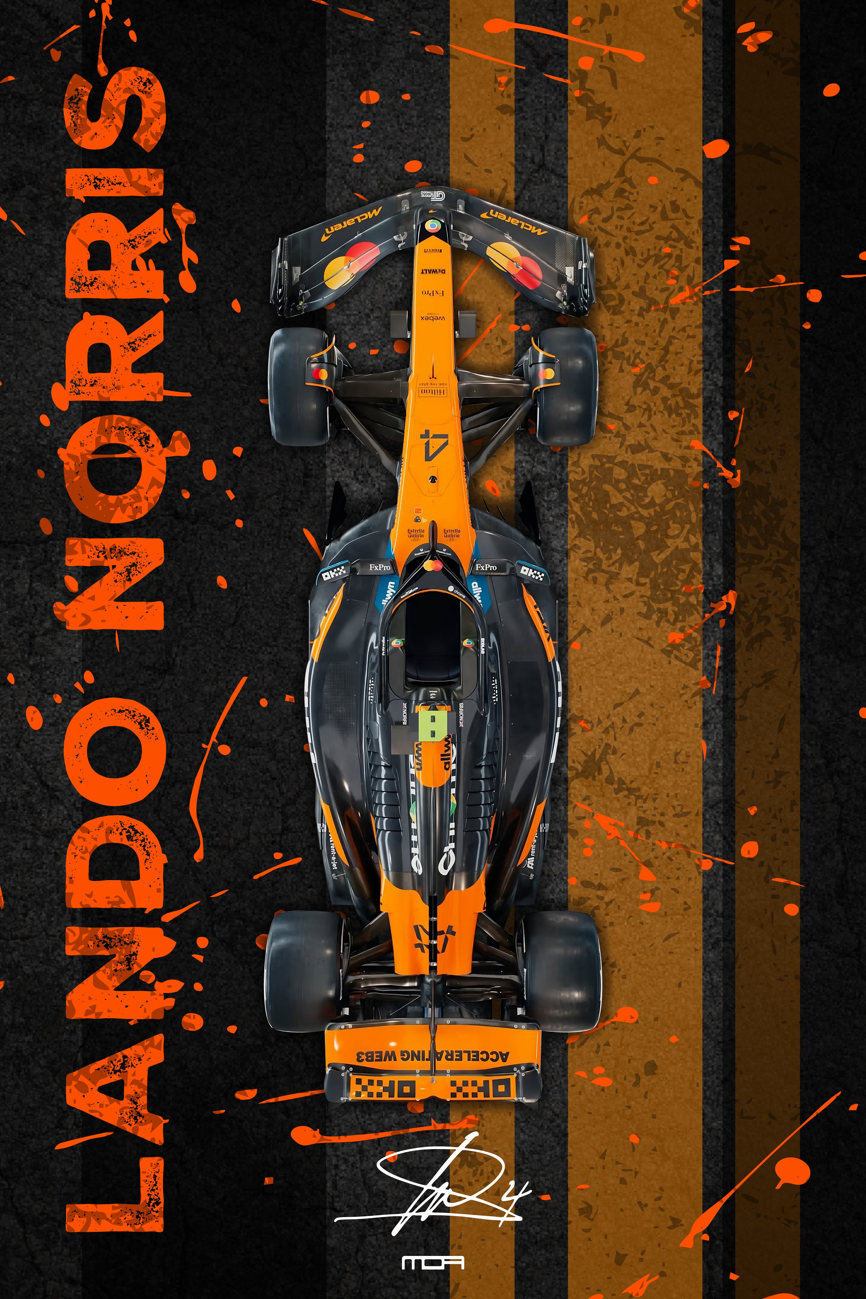 Póster de pared del F1 McLaren de Lando Norris en vista cenital, con un diseño de salpicaduras naranjas para decoración de MOA-Grafics.
