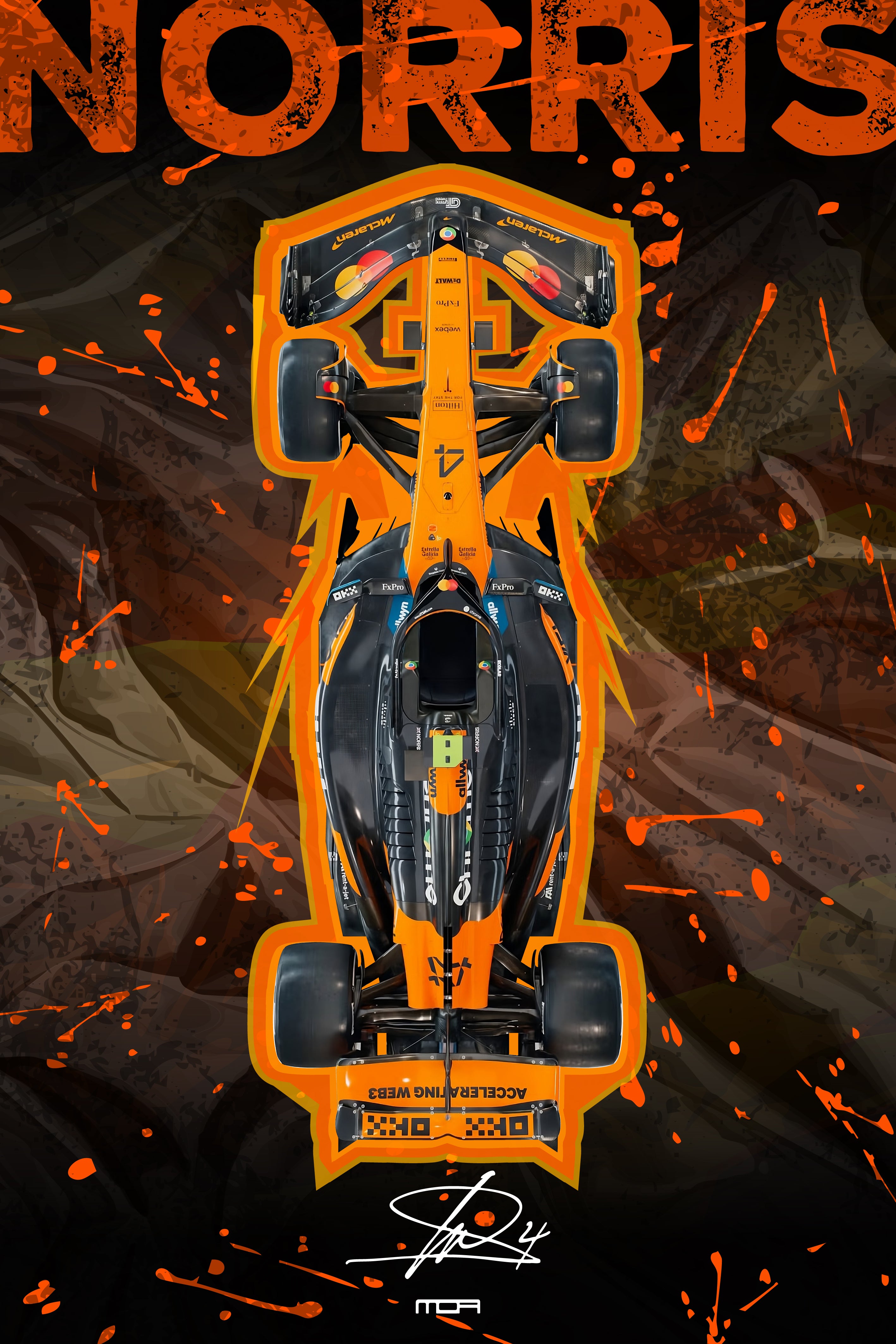 Póster del F1 McLaren de Lando Norris en vista cenital con fondo abstracto, una pieza racing para la decoración de salones de MOA-Grafics.