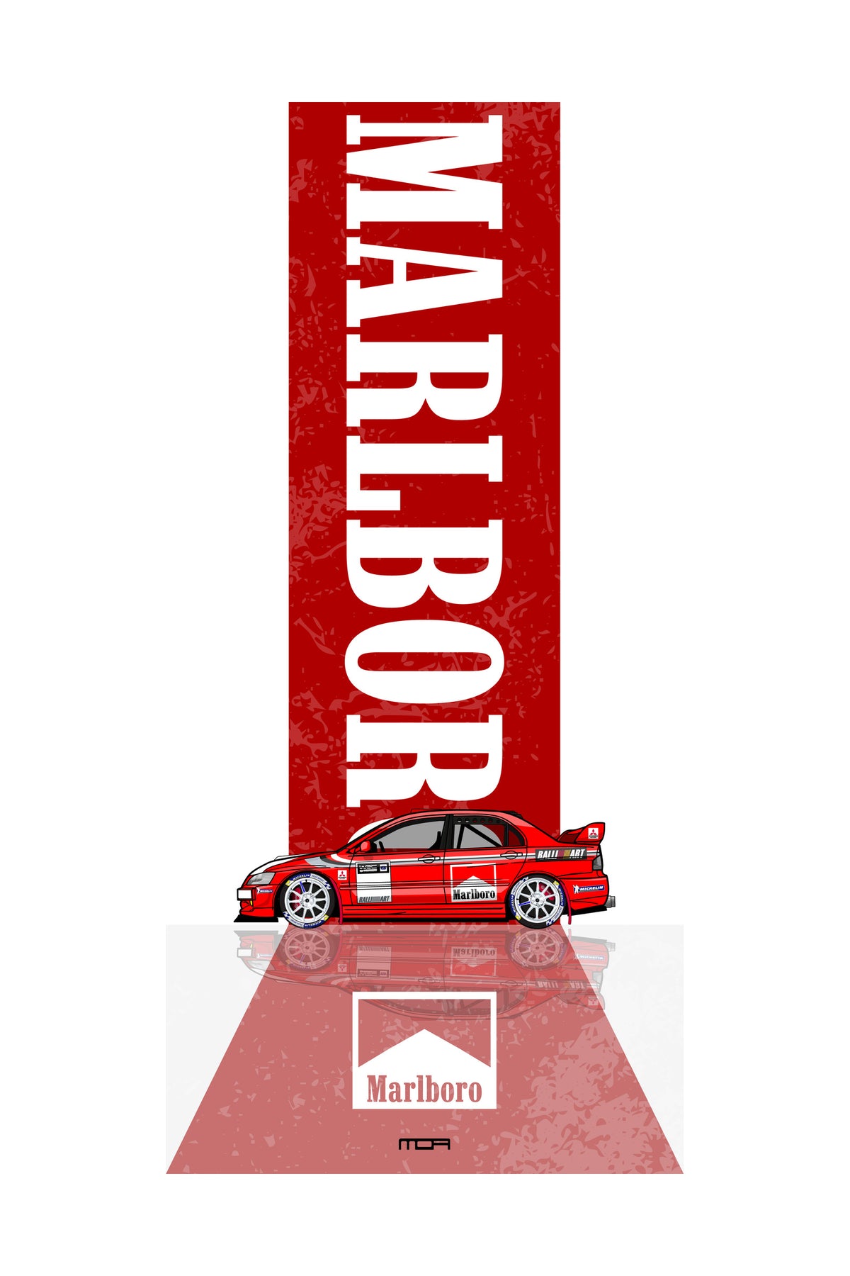Poster del Mitsubishi Lancer Evolution de rally con la decoracion roja y blanca de Marlboro Ralliart, de perfil sobre su reflejo, con el rotulo Marlboro en vertical sobre una banda roja y fondo blanco, arte racing de MOA-Grafics.