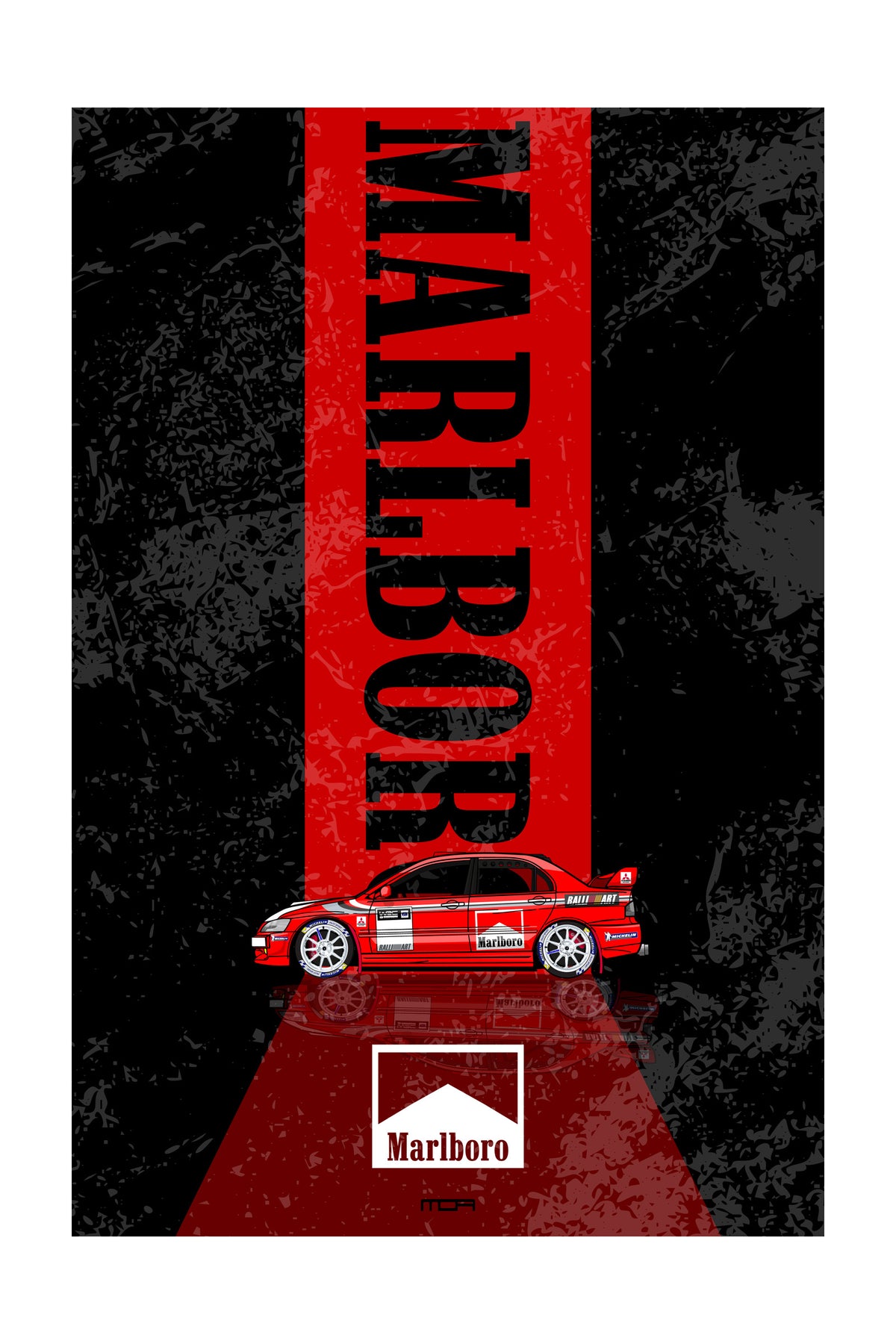 Poster del Mitsubishi Lancer Evolution de rally con la decoracion roja y blanca de Marlboro Ralliart, de perfil sobre su reflejo, con el rotulo Marlboro en vertical sobre una banda roja y fondo negro texturizado, arte racing de MOA-Grafics.