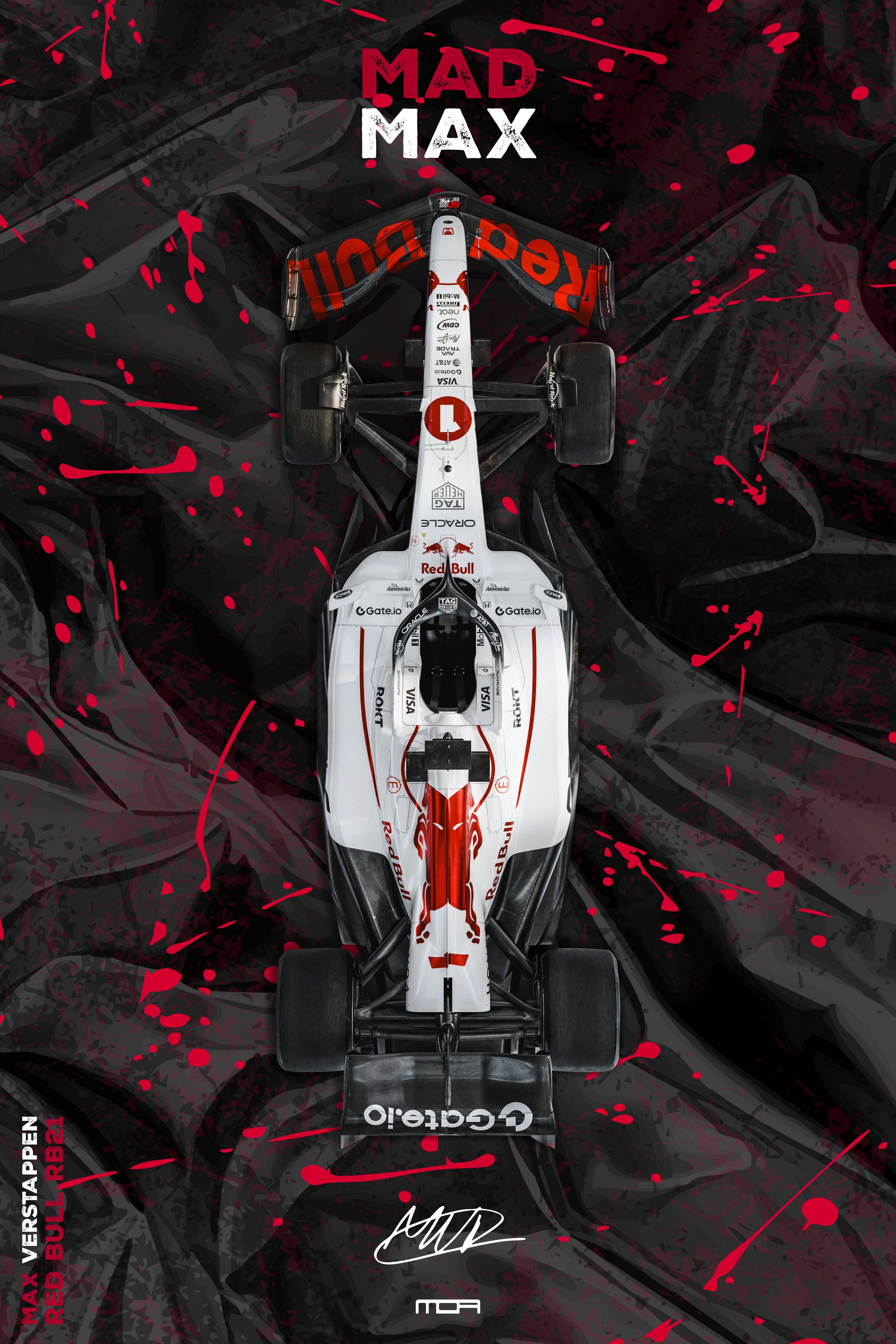 Póster del F1 de Max Verstappen "Mad Max" con salpicaduras rojas, una pieza de arte JDM y racing para la decoración de MOA-Grafics.