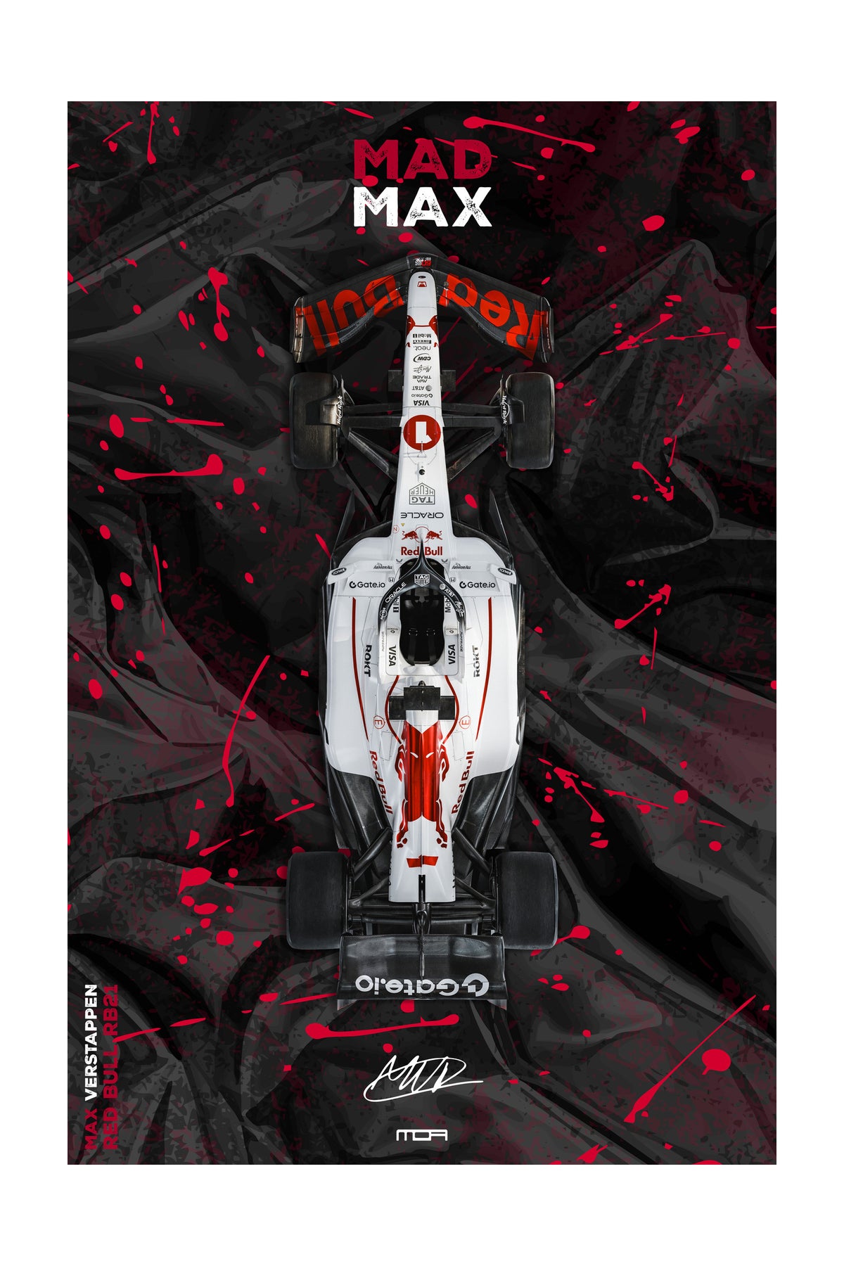 Póster del F1 de Max Verstappen "Mad Max" con salpicaduras rojas, una pieza de arte JDM y racing para la decoración de MOA-Grafics.