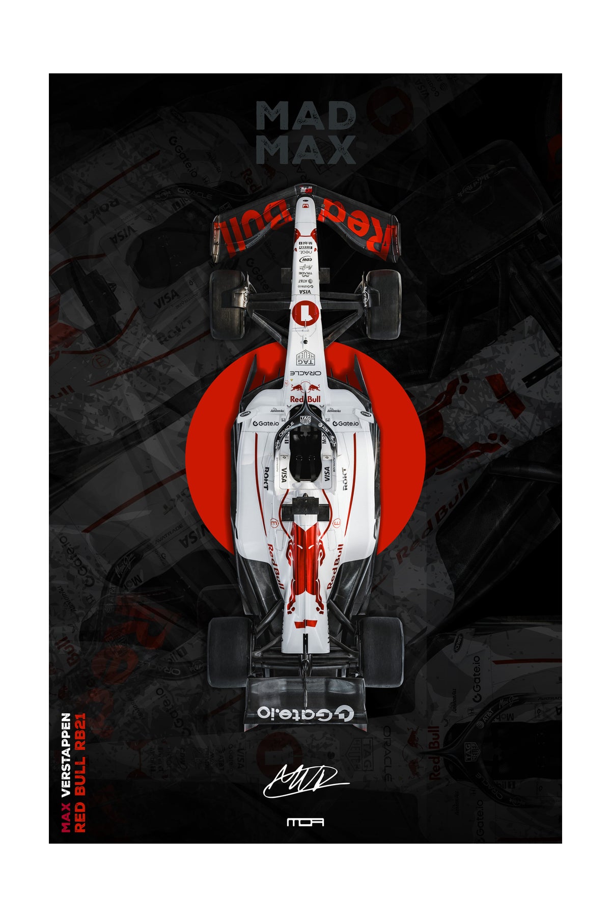 Póster del F1 Red Bull de Max Verstappen "Mad Max" en vista cenital, una pieza de arte JDM y racing para la decoración de MOA-Grafics.