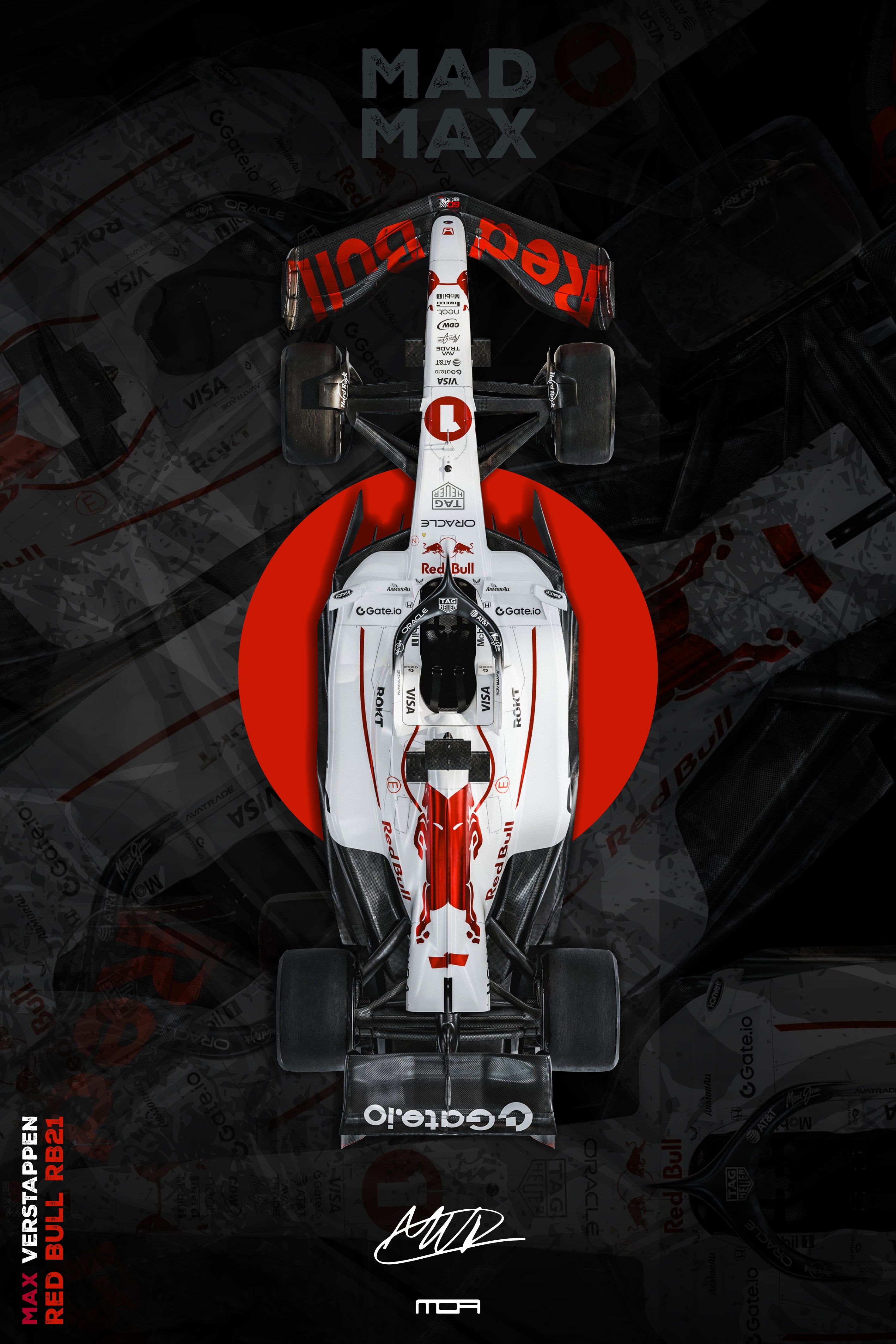 Póster del F1 Red Bull de Max Verstappen "Mad Max" en vista cenital, una pieza de arte JDM y racing para la decoración de MOA-Grafics.