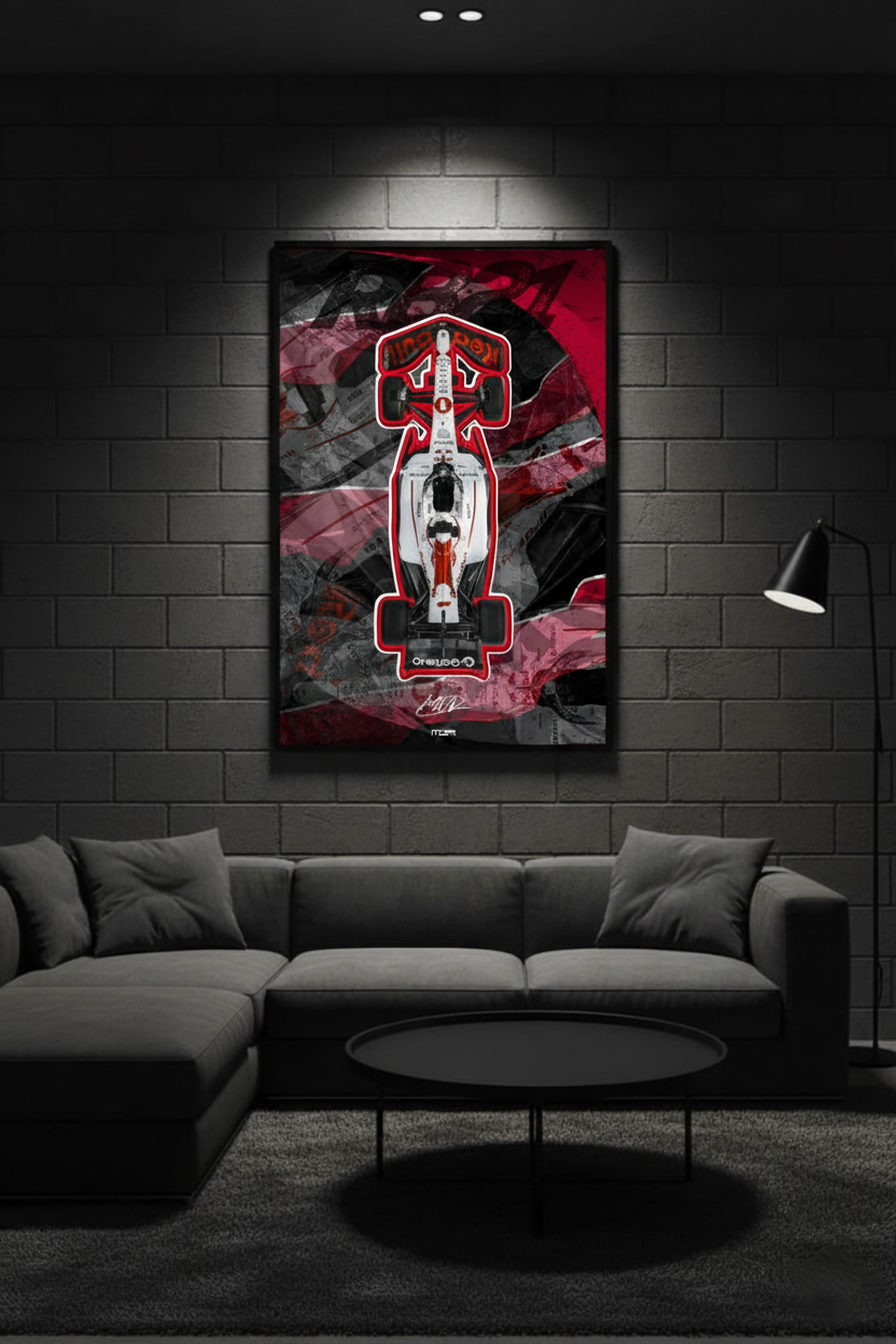 Póster enmarcado del F1 de Max Verstappen con livery Red Bull Japón, un diseño de decoración racing para garajes de MOA-Grafics.