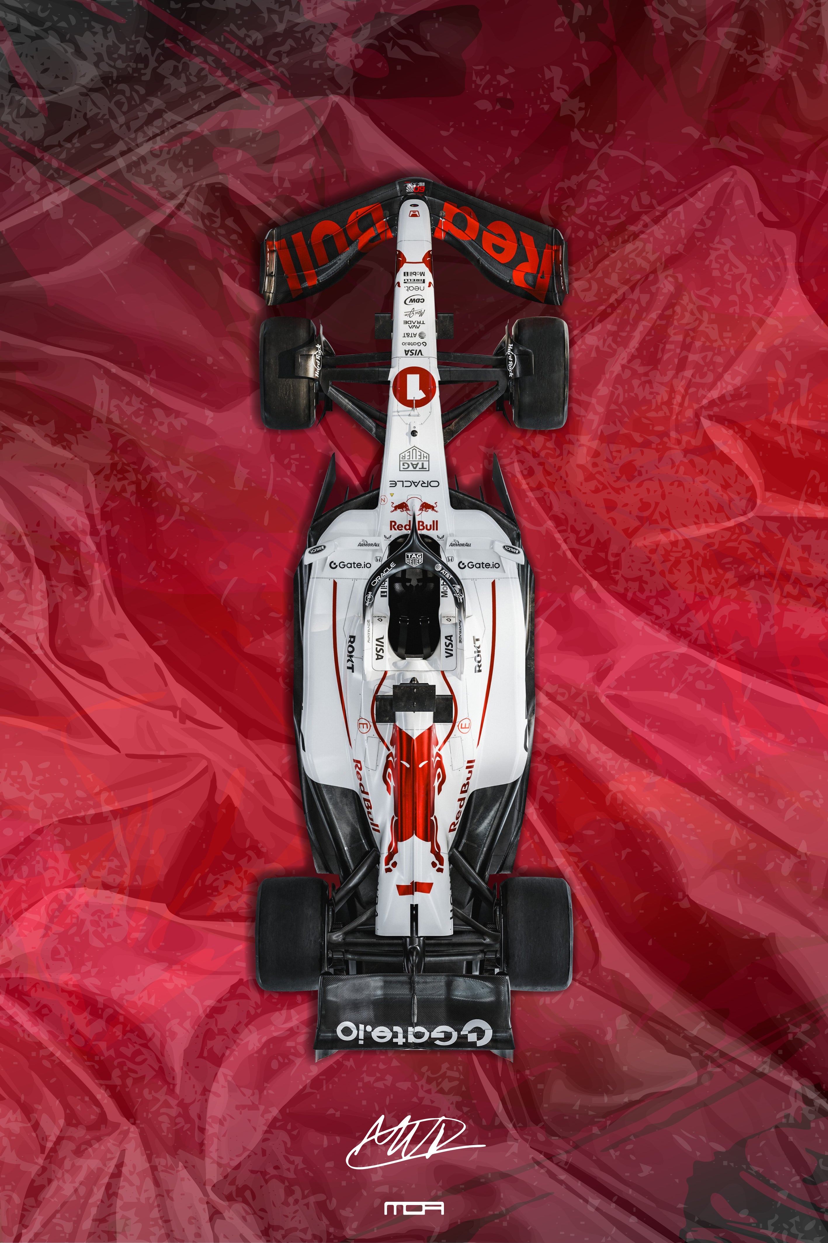 Póster del F1 de Max Verstappen en vista cenital sobre fondo rojo abstracto, un diseño de arte JDM y racing para decoración de MOA-Grafics.