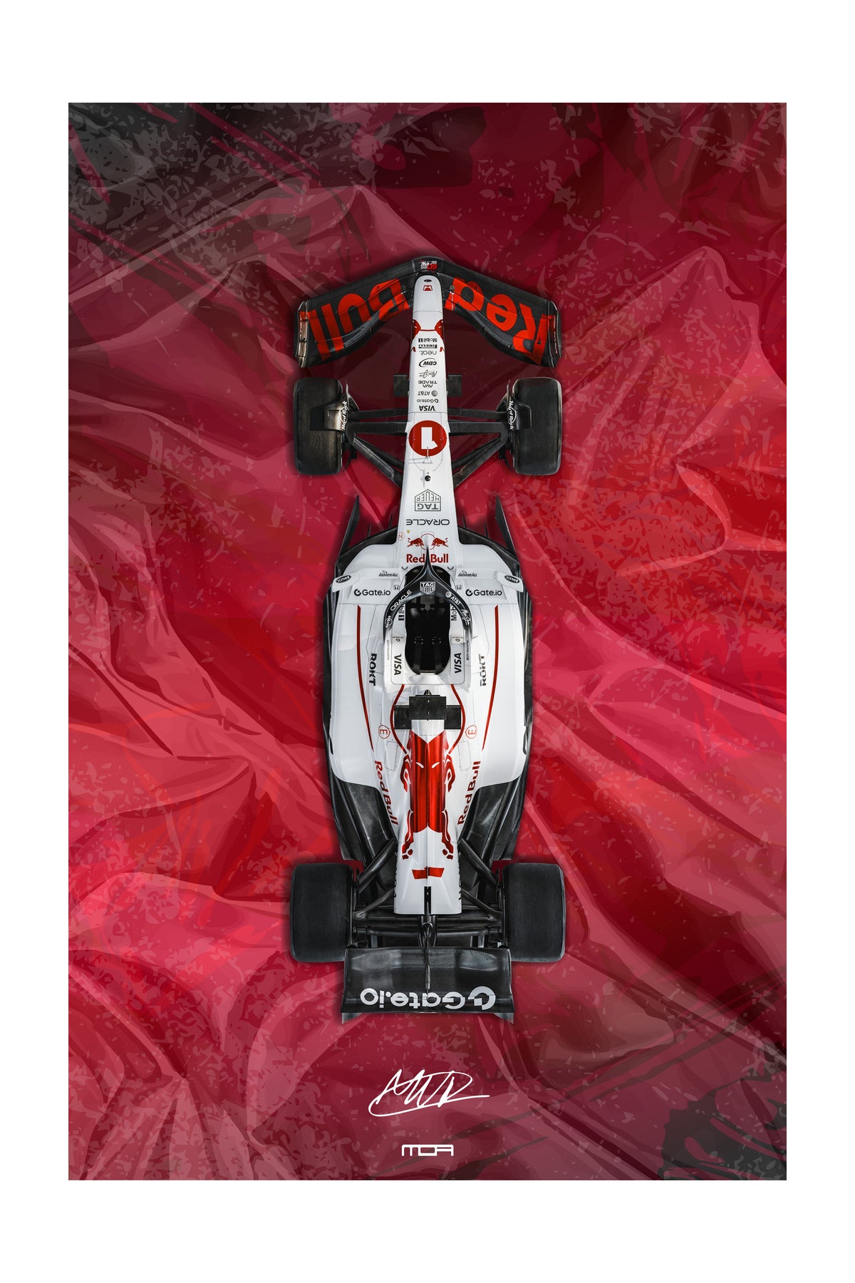 Póster del F1 de Max Verstappen en vista cenital sobre fondo rojo abstracto, un diseño de arte JDM y racing para decoración de MOA-Grafics.