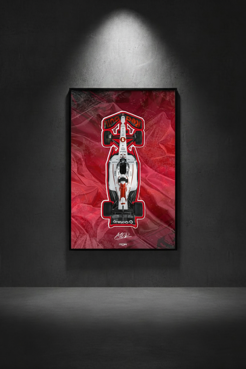 Póster enmarcado del F1 de Verstappen (V3) en una pared oscura, una pieza de decoración de estilo racing para un salón por MOA-Grafics.