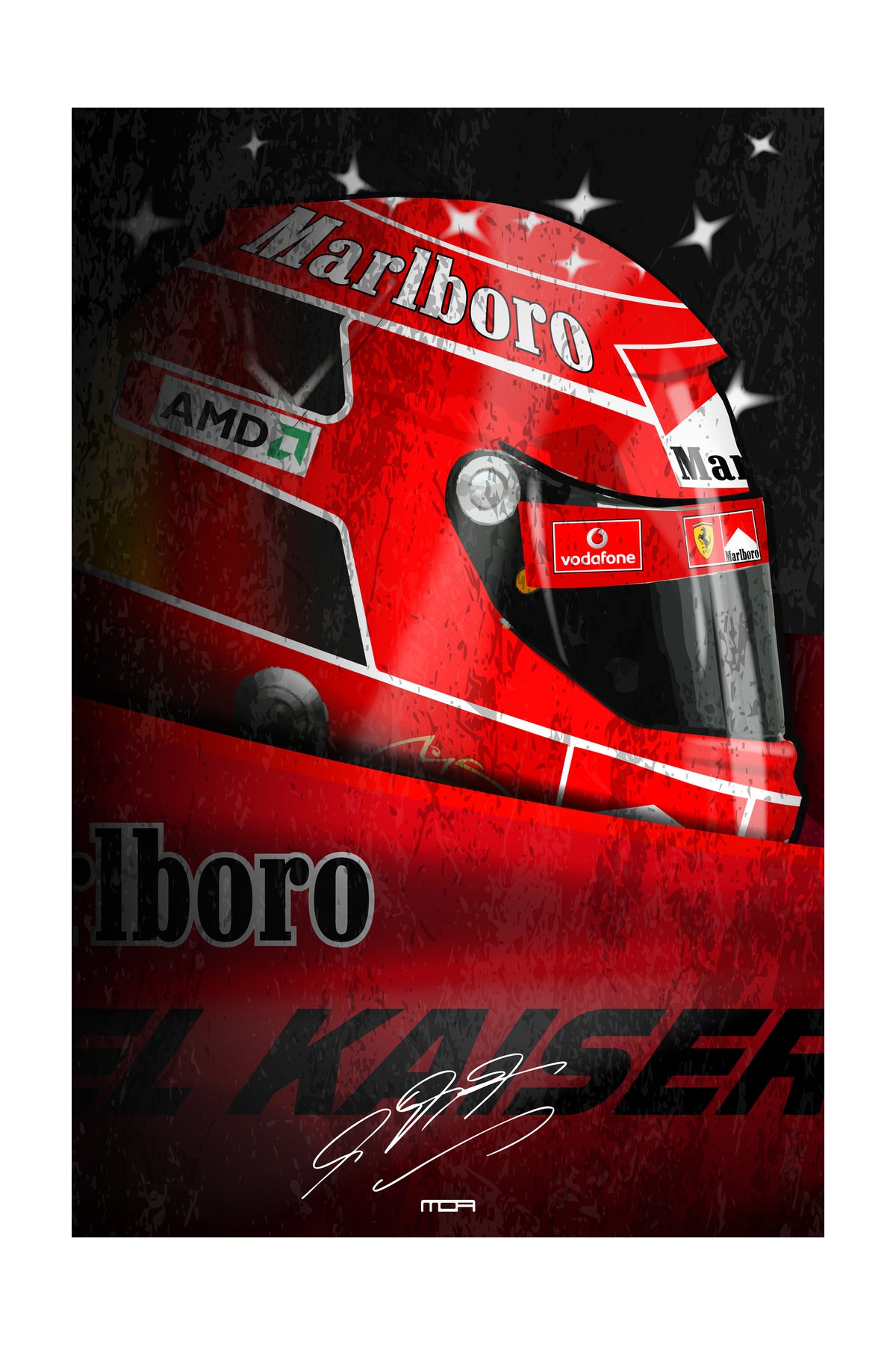 Póster del casco de Michael Schumacher en su F1 desde el cockpit, una pieza de arte retro racing para la decoración de MOA-Grafics.