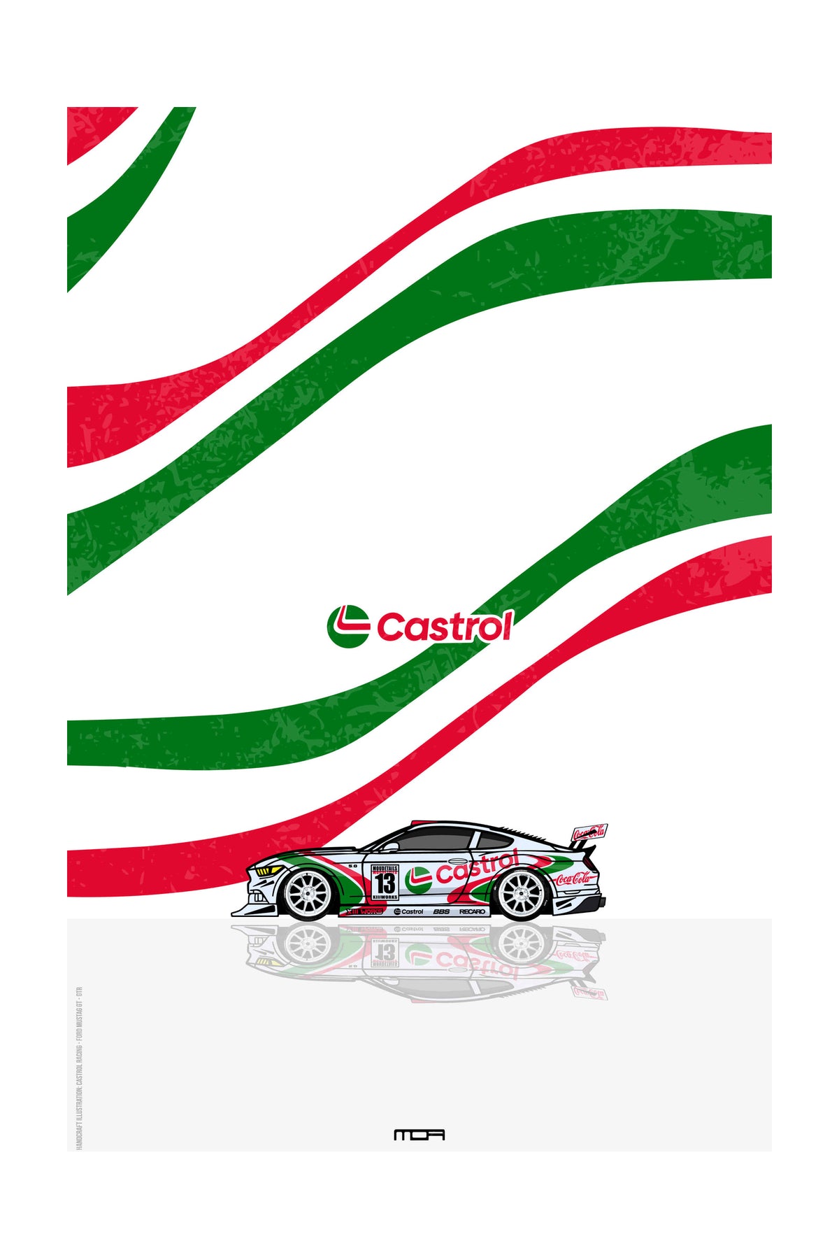 Póster de pared del Ford Mustang con el livery de Castrol, un diseño de estilo retro para personalización y decoración de MOA-Grafics.